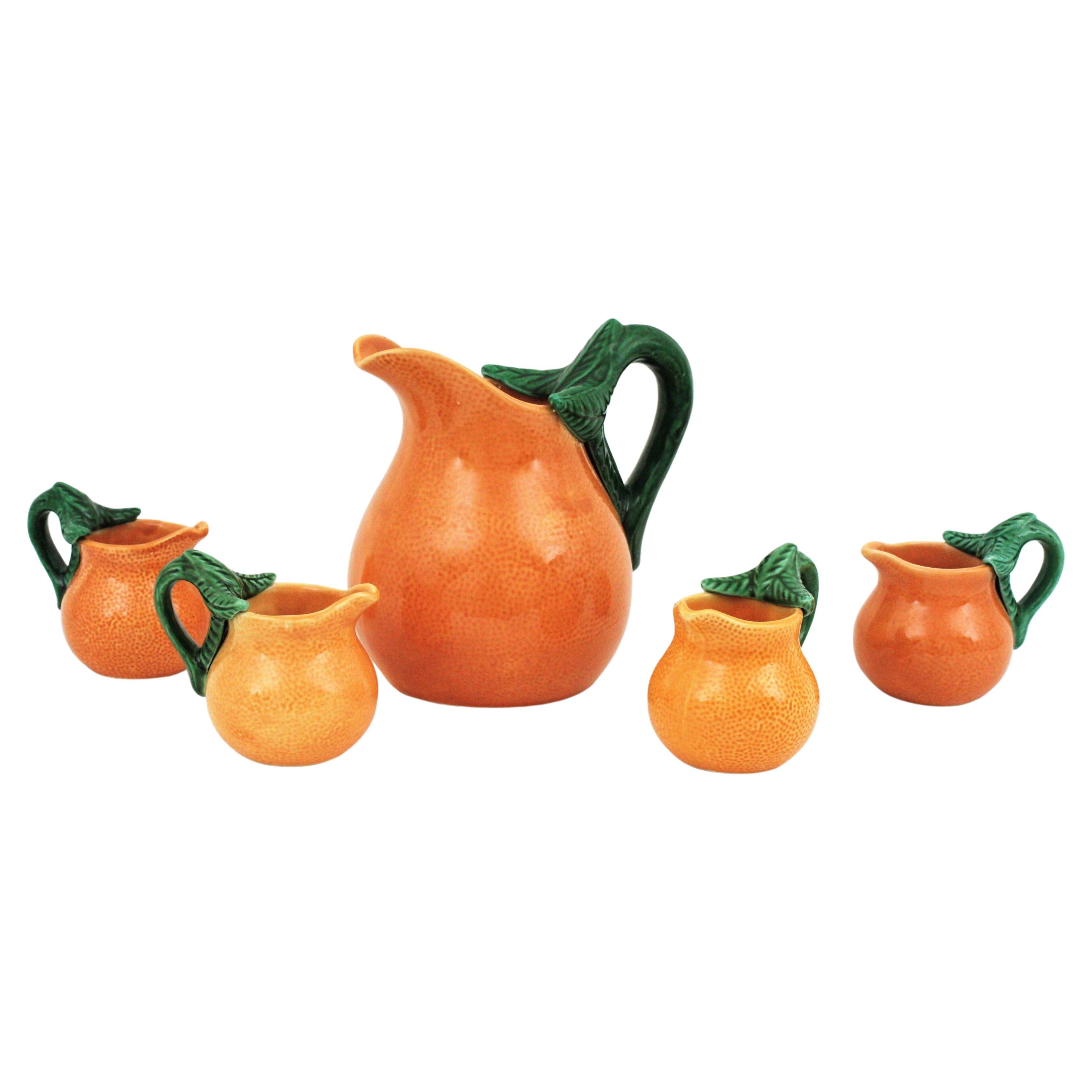 Orange Glazed Ceramic Majolica Coffee or Tea Set for Four For Sale