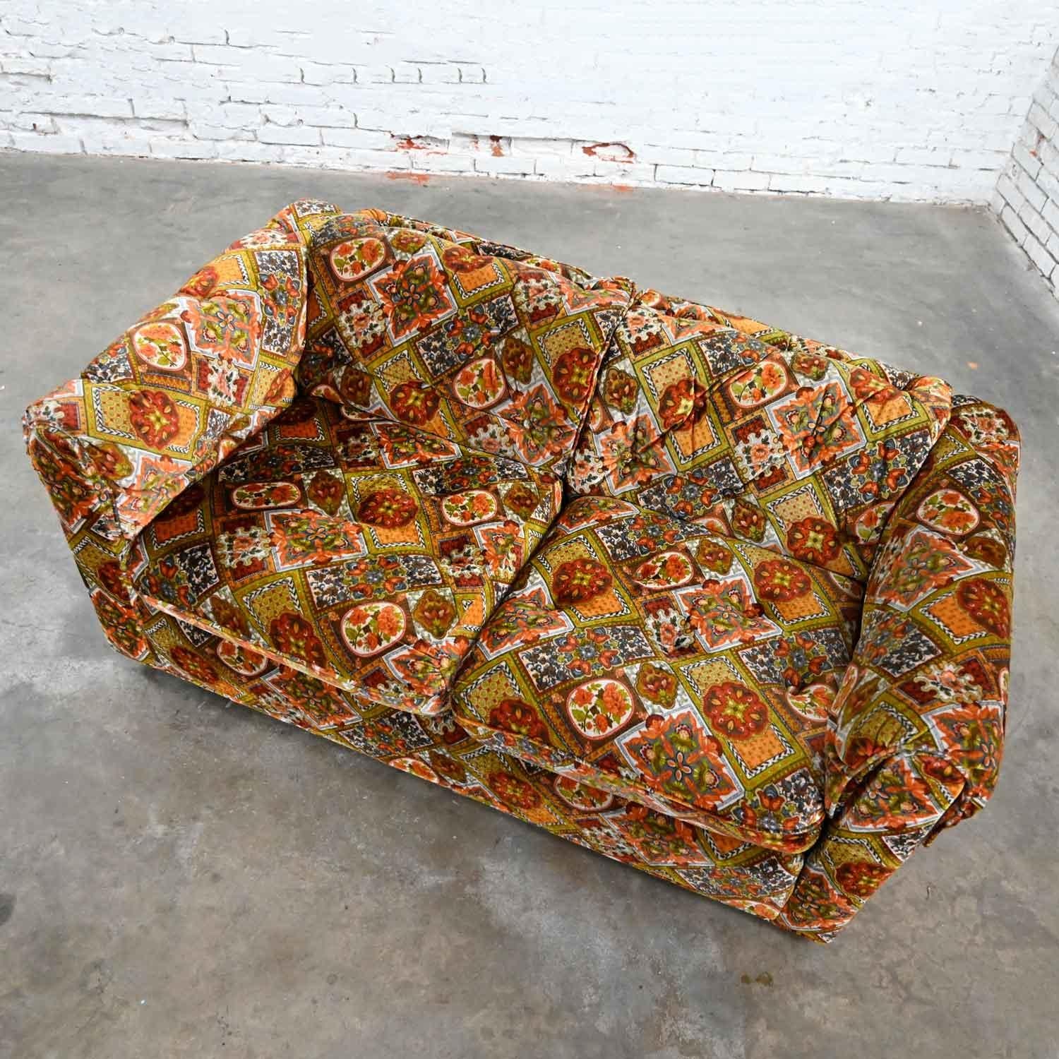 Orange Gold Geometric Floral Patchwork Modern Tuxedo Style Love Seat by Maddox  4
