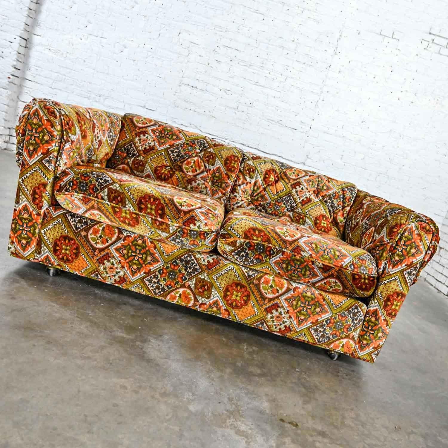 Orange Gold Geometric Floral Patchwork Modern Tuxedo Style Love Seat by Maddox 5