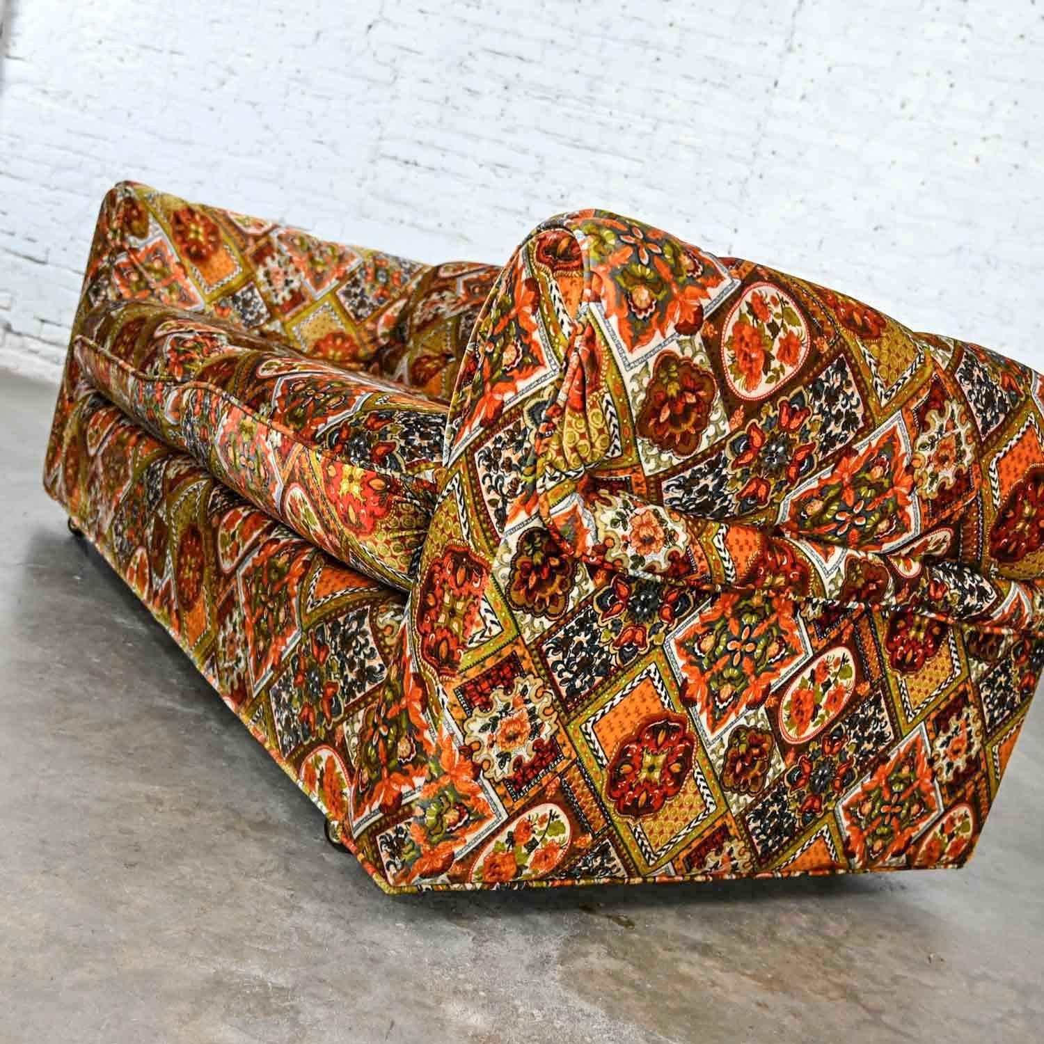 Orange Gold Geometric Floral Patchwork Modern Tuxedo Style Love Seat by Maddox  6