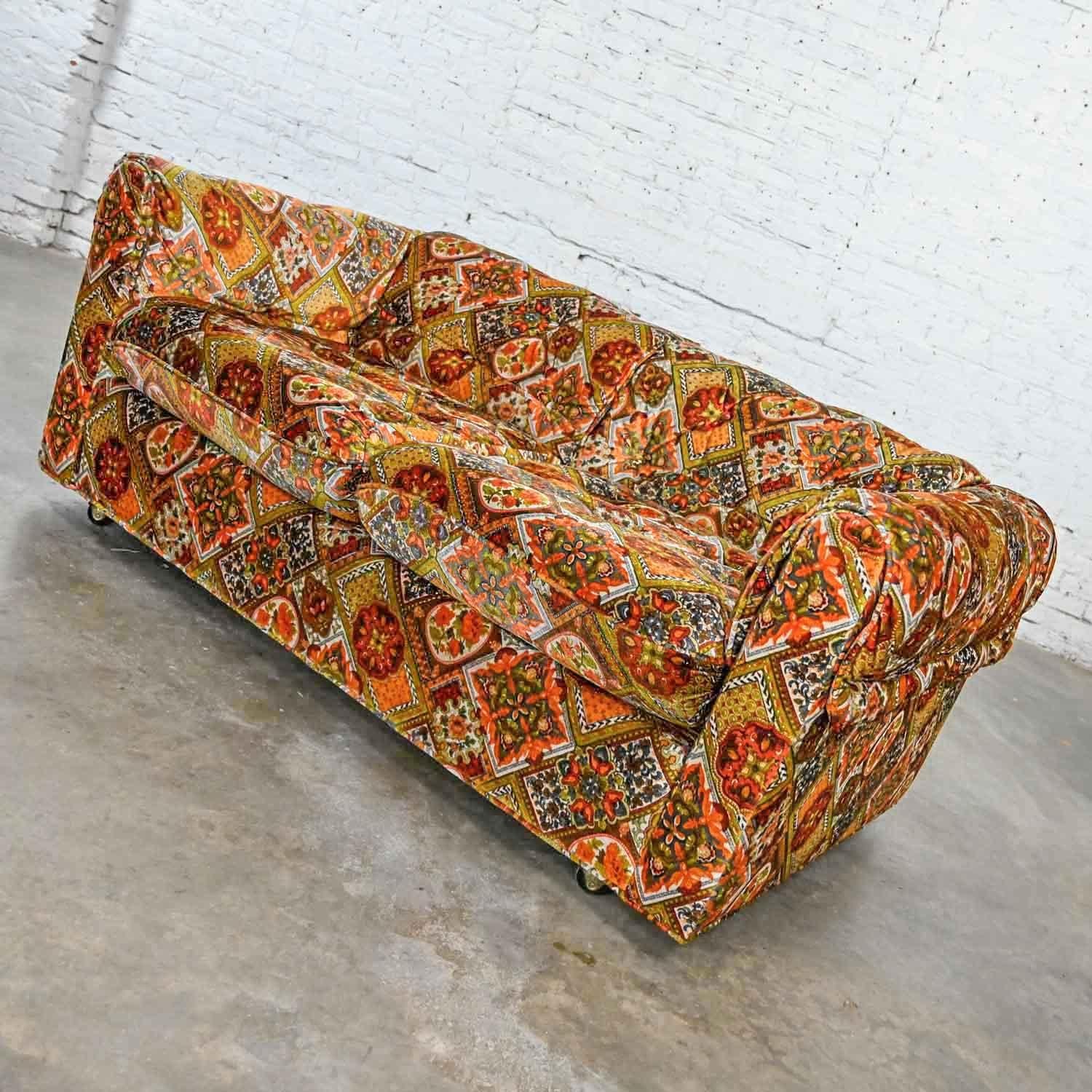 American Orange Gold Geometric Floral Patchwork Modern Tuxedo Style Love Seat by Maddox 