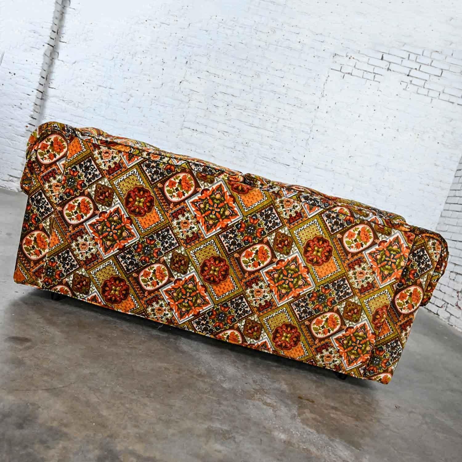 Late 20th Century Orange Gold Geometric Floral Patchwork Modern Tuxedo Style Love Seat by Maddox