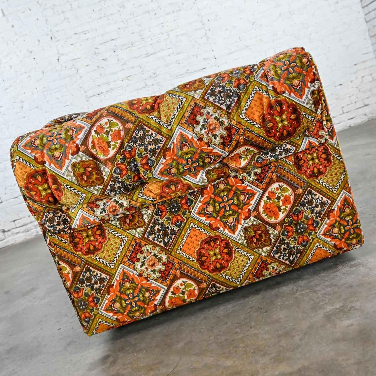 Fabric Orange Gold Geometric Floral Patchwork Modern Tuxedo Style Love Seat by Maddox 