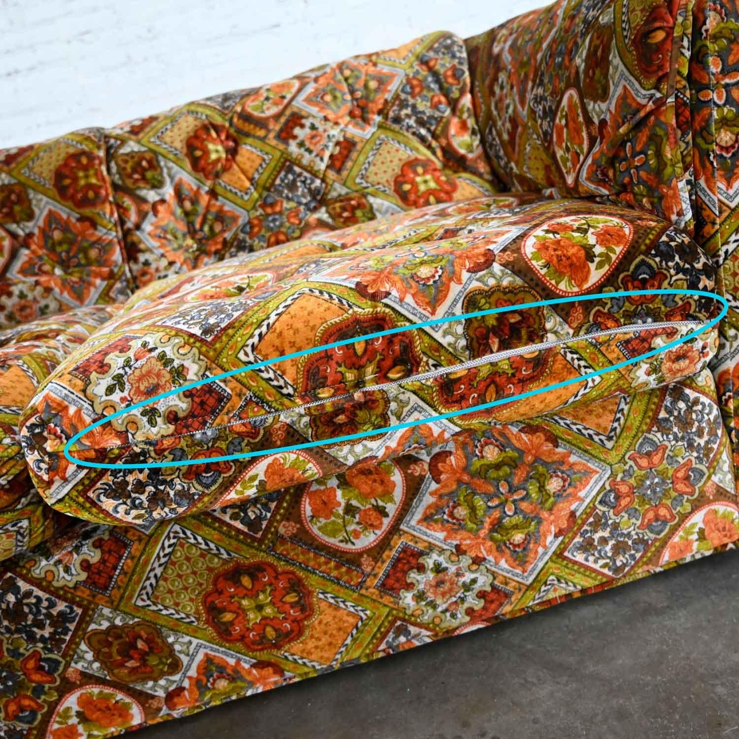 Orange Gold Geometric Floral Patchwork Modern Tuxedo Style Love Seat by Maddox  1