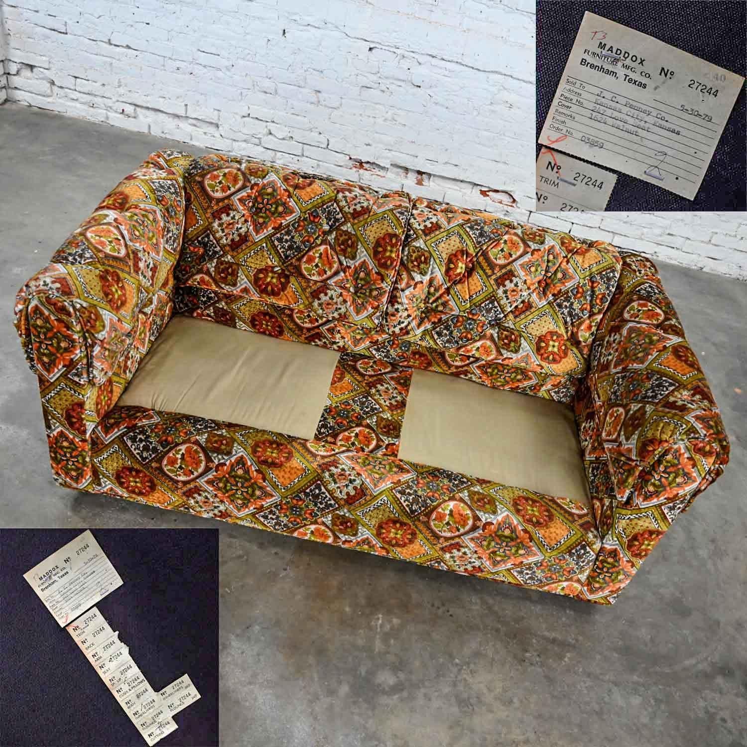 Orange Gold Geometric Floral Patchwork Modern Tuxedo Style Love Seat by Maddox  2