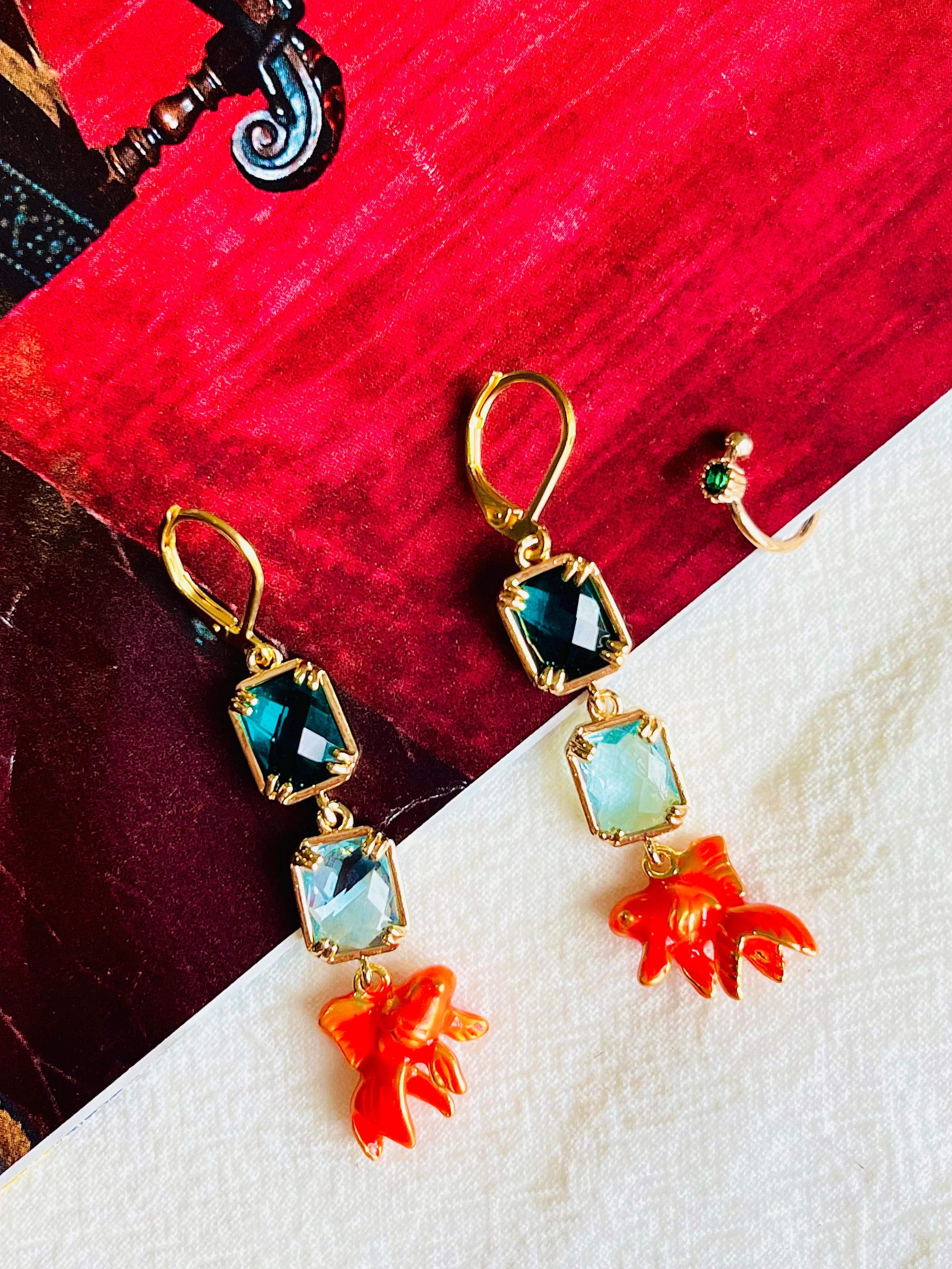 Art Deco Orange Goldfish Crystals Green Rectangle Pendant Cuff Gold Drop Pierced Earrings For Sale