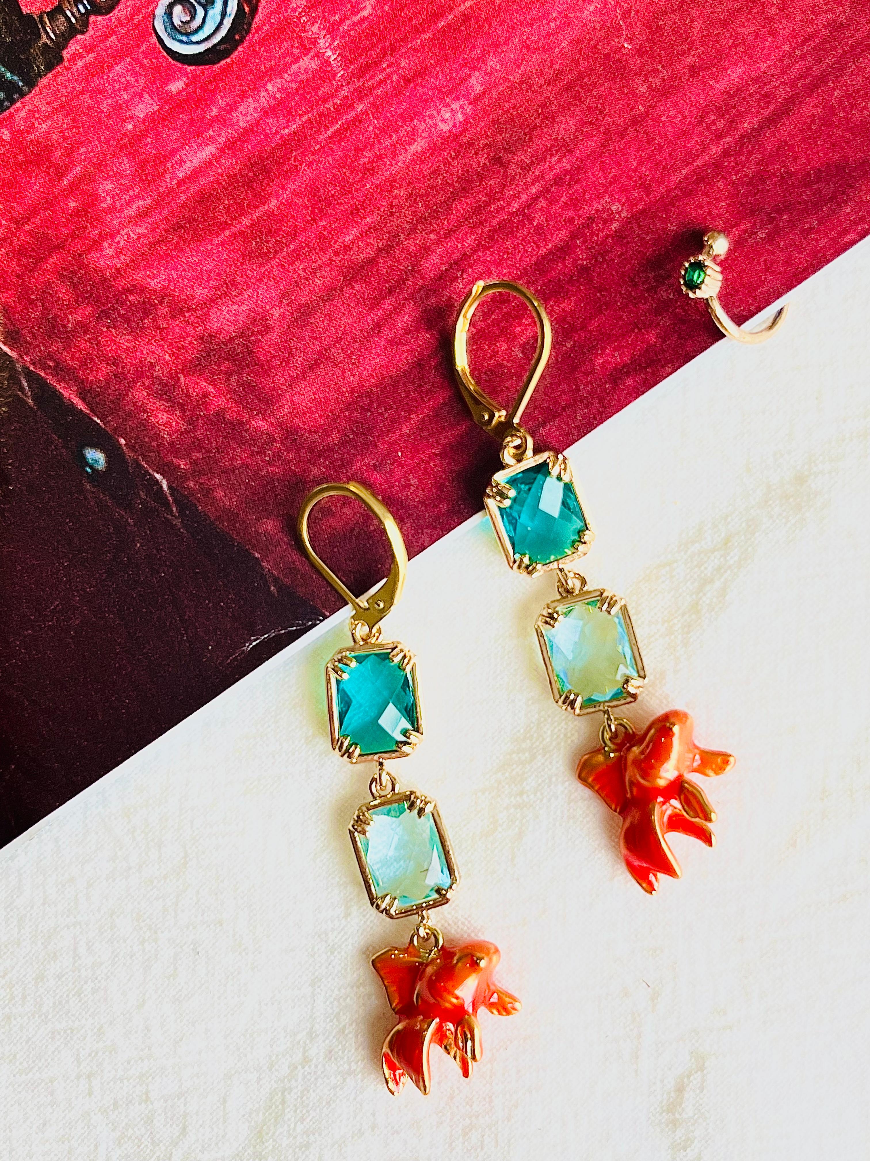 Art Deco Orange Goldfish Crystals Green Rectangle Pendant Cuff Gold Drop Pierced Earrings For Sale
