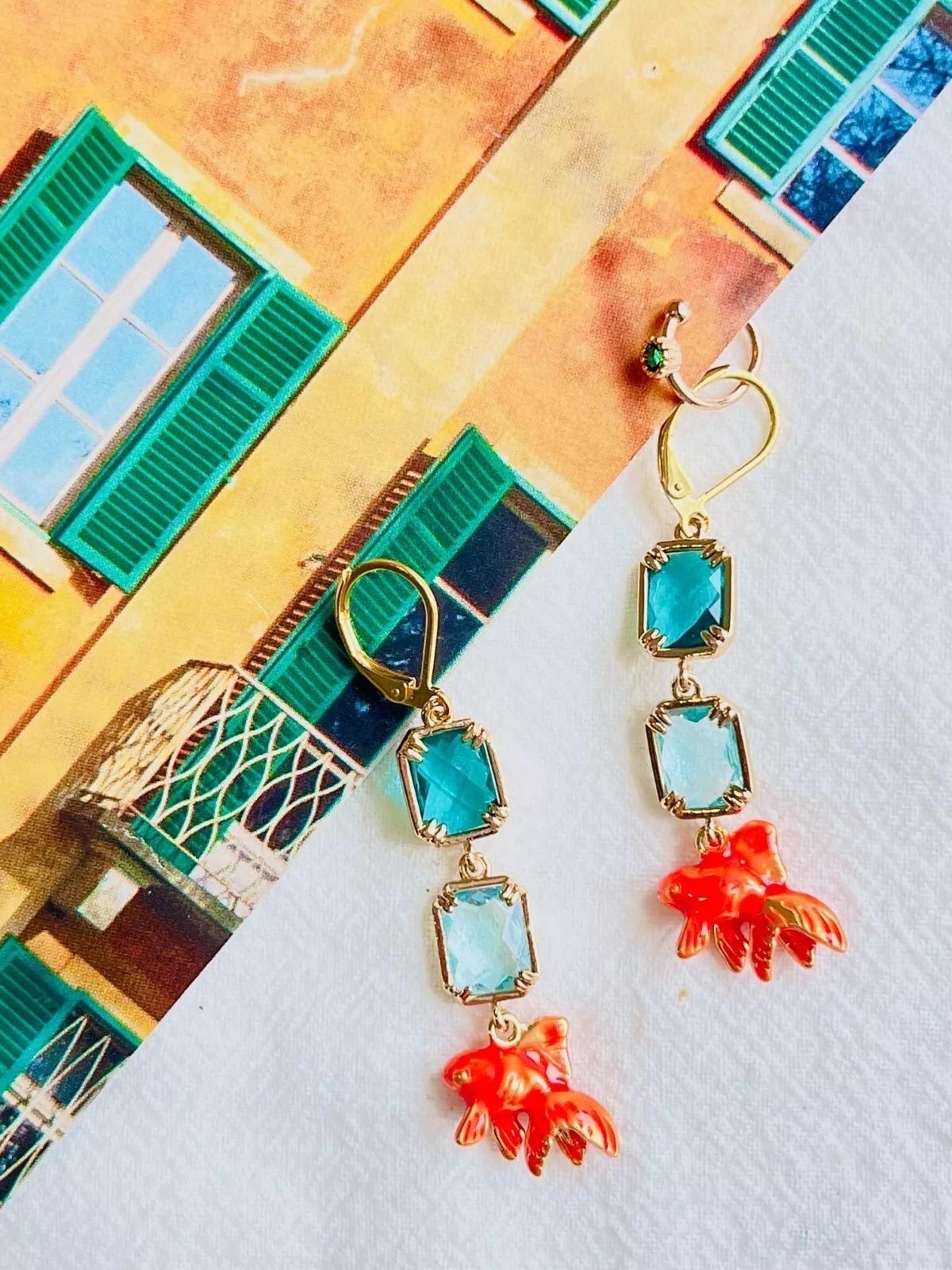 Orange Goldfish Crystals Green Rectangle Pendant Cuff Gold Drop Pierced Earrings For Sale 1
