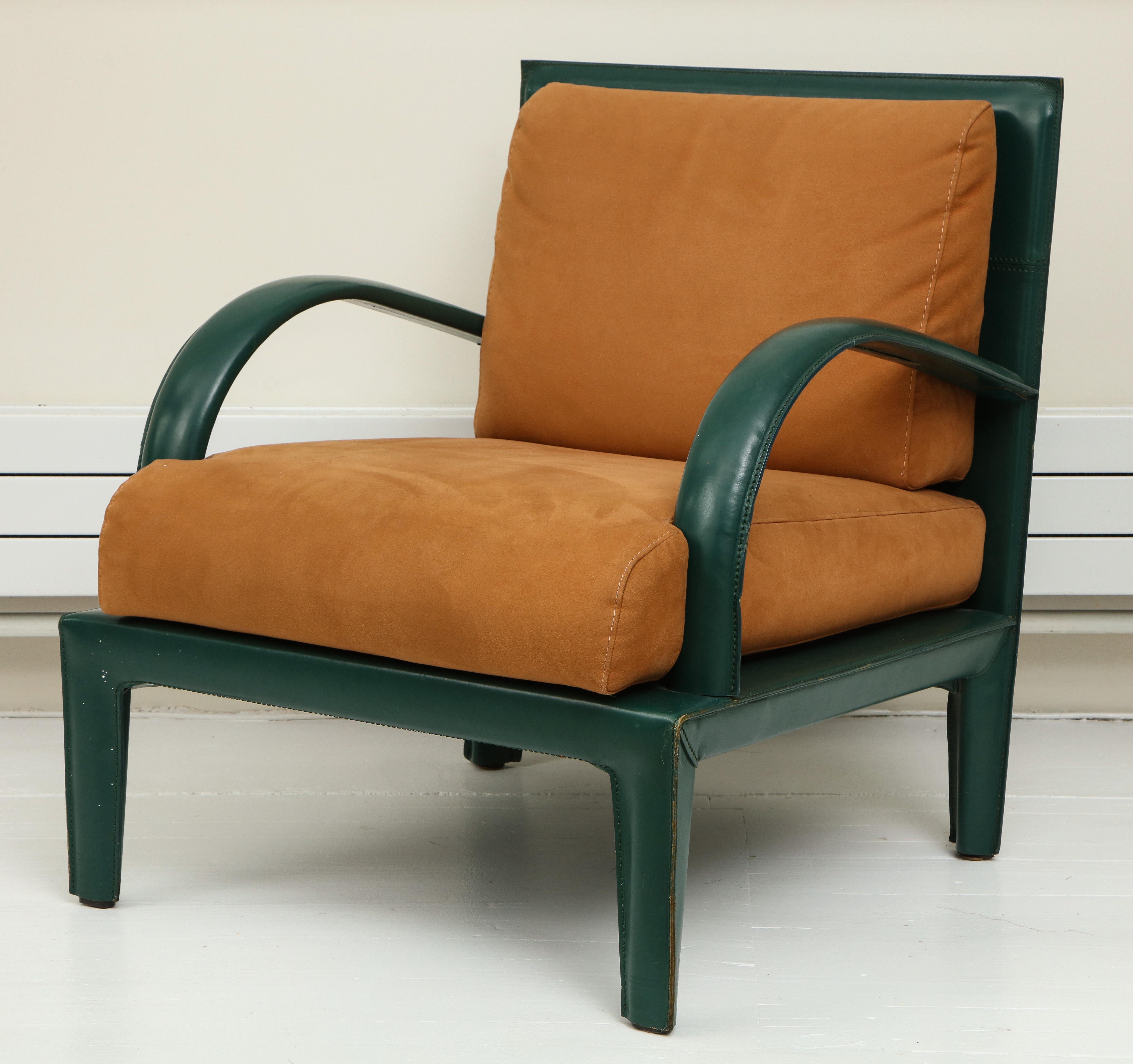 French Hermes Inspired Saddle Stitched Brown Green Leather Lounge Chairs, 1980s, France For Sale