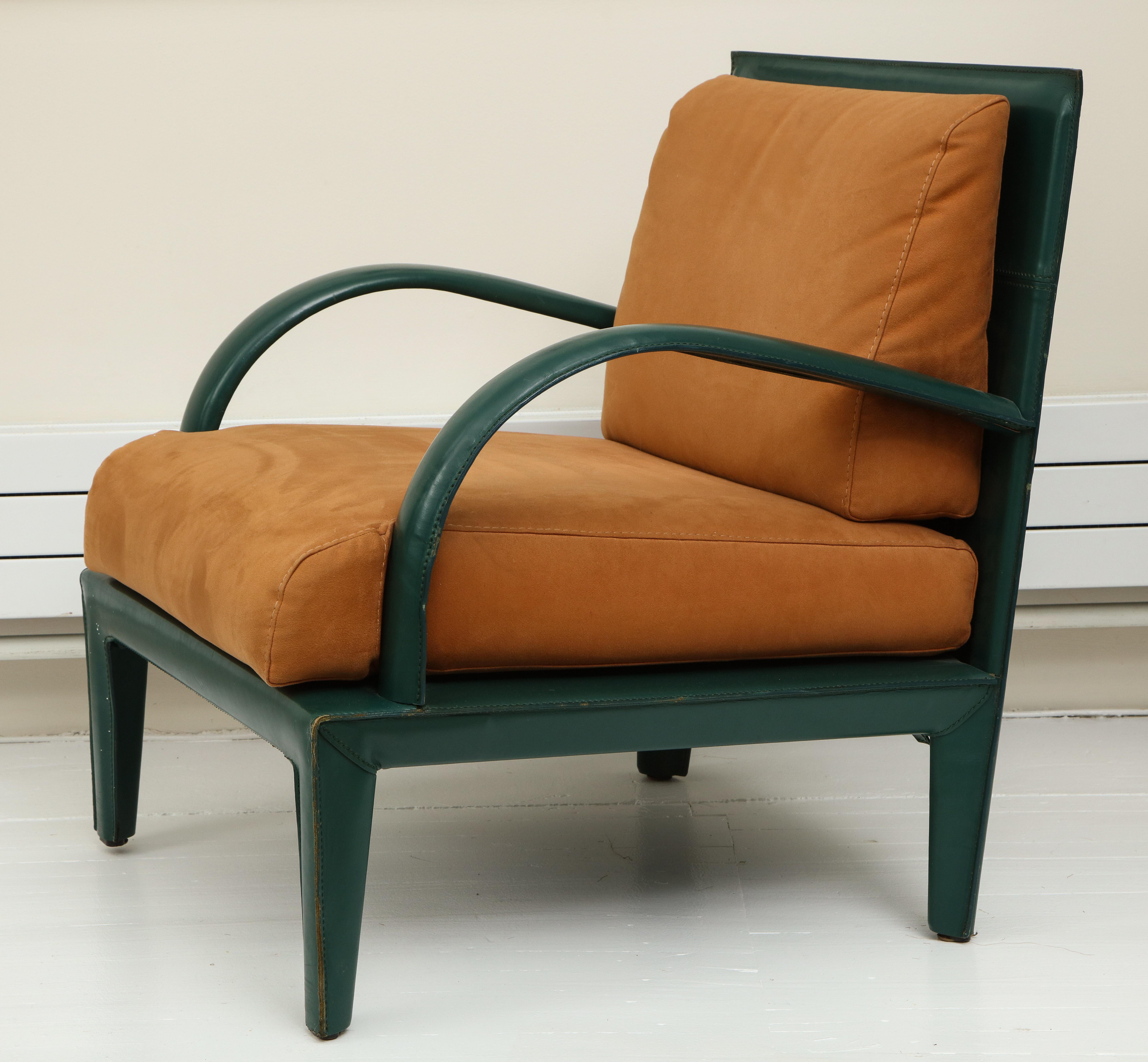 Hermes Inspired Saddle Stitched Brown Green Leather Lounge Chairs, 1980s, France In Good Condition For Sale In New York, NY