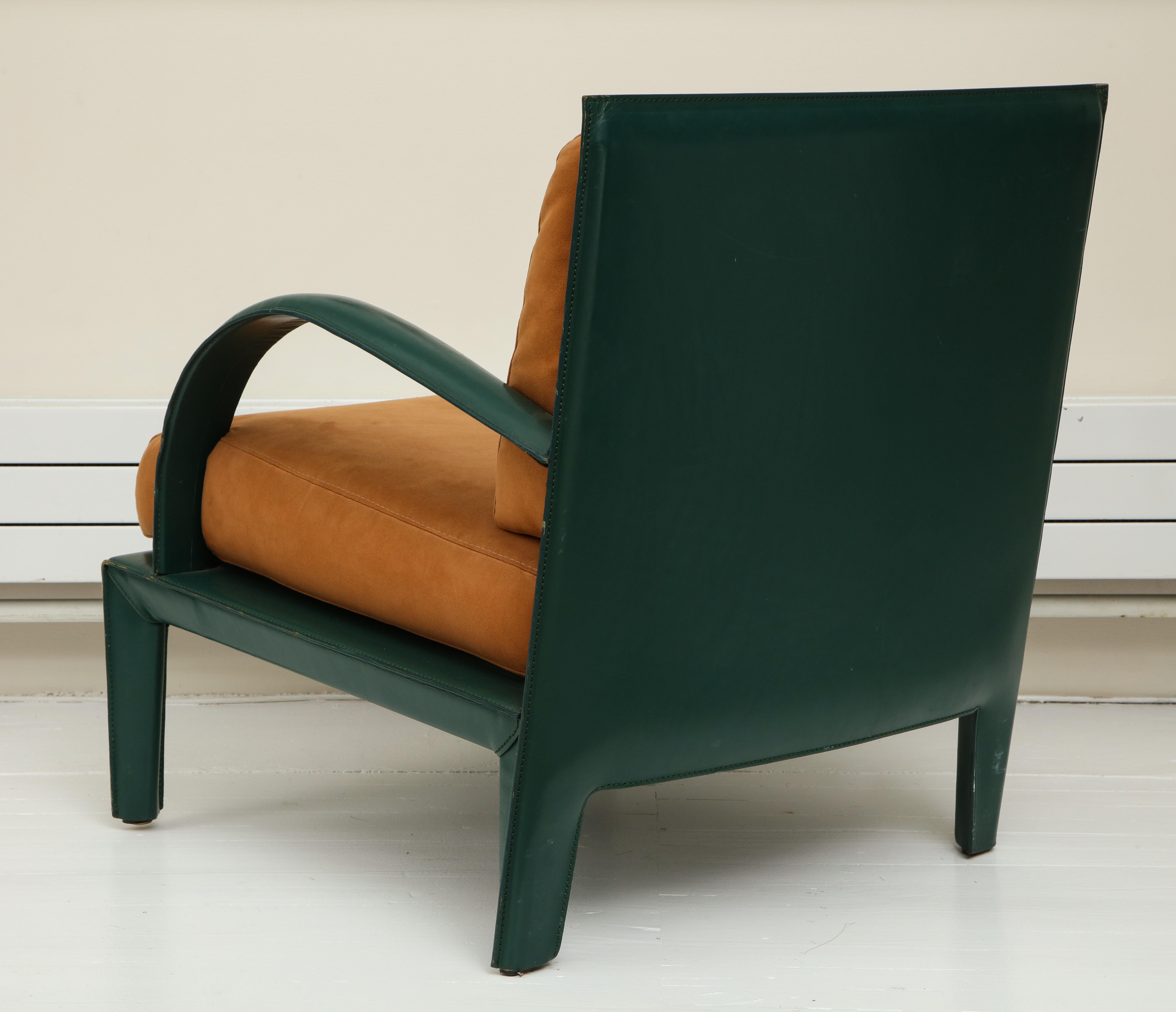 Late 20th Century Hermes Inspired Saddle Stitched Brown Green Leather Lounge Chairs, 1980s, France For Sale