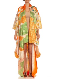 1940S Orange, Green & Metallic Gold Floral Silk Kimono