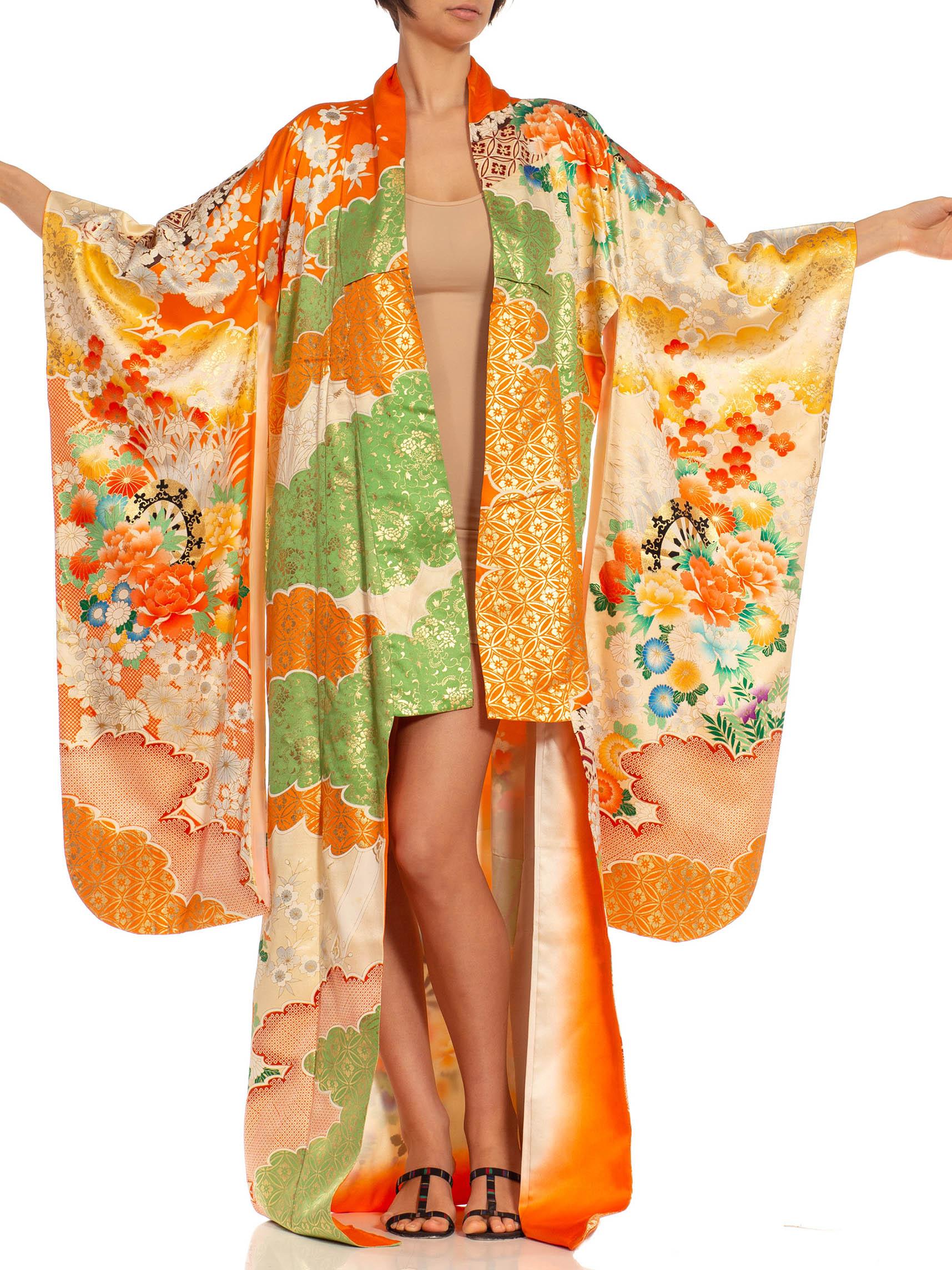 Orange, Green & Metallic Gold Floral Silk Kimono In Excellent Condition For Sale In New York, NY