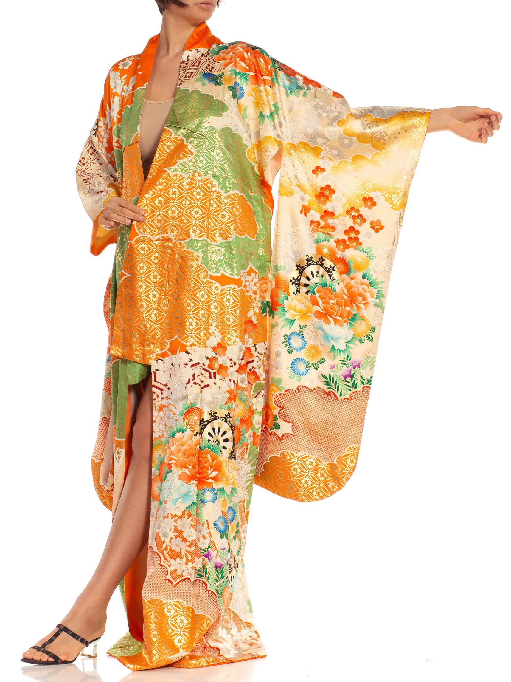 Women's or Men's Orange, Green & Metallic Gold Floral Silk Kimono For Sale