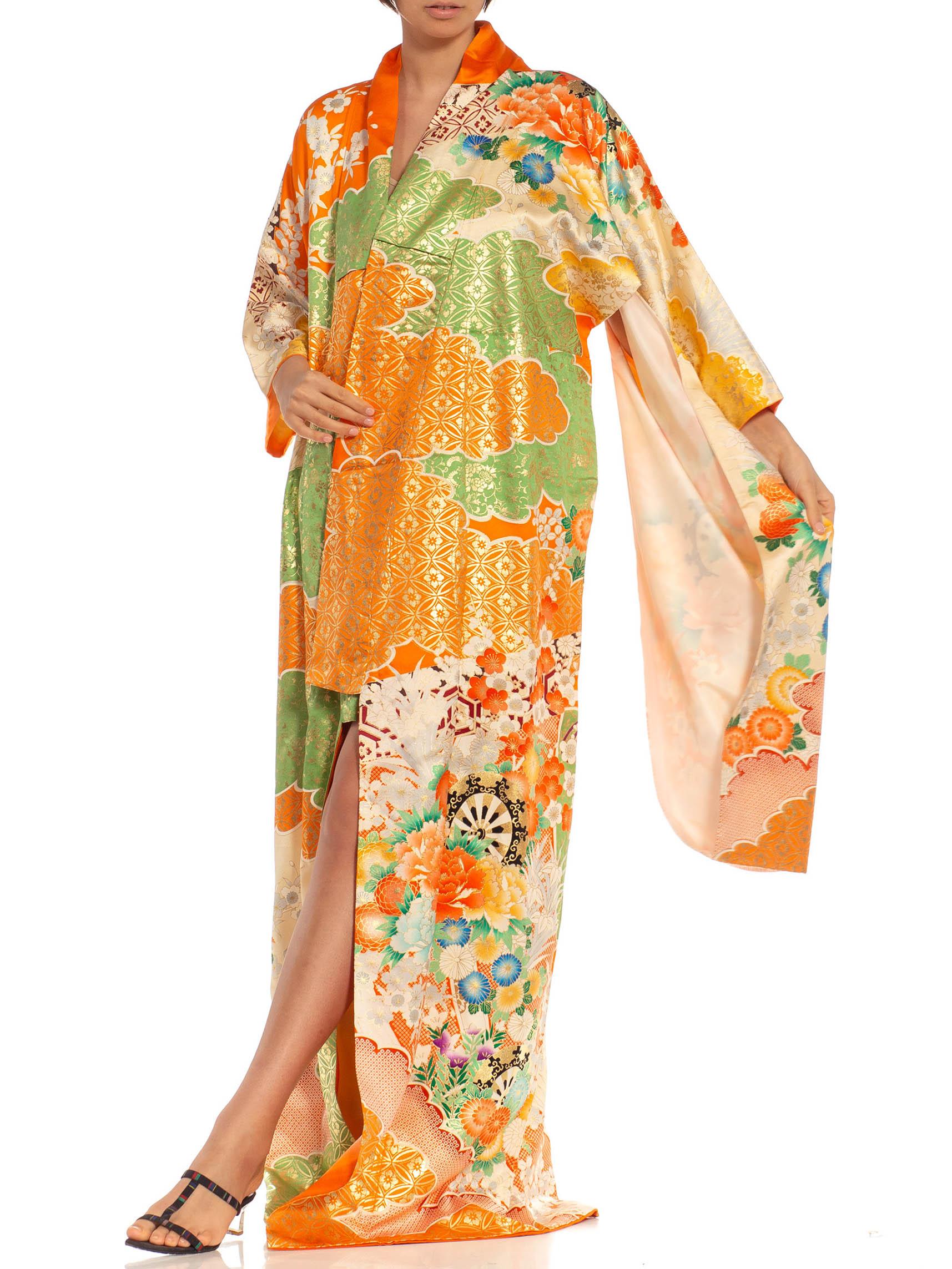 Orange, Green & Metallic Gold Floral Silk Kimono For Sale 1