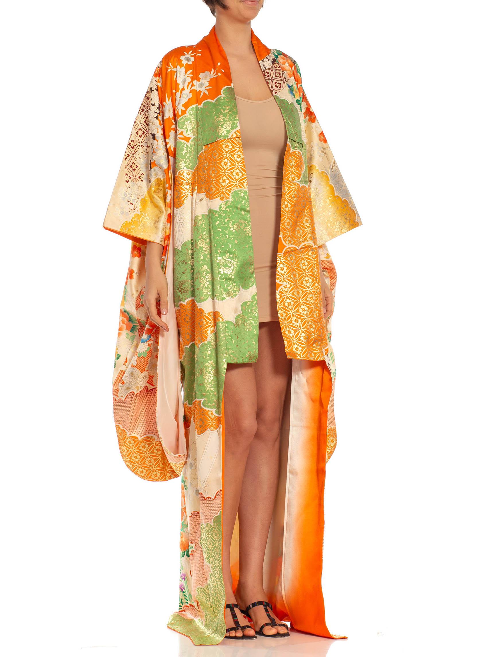 Orange, Green & Metallic Gold Floral Silk Kimono For Sale 2