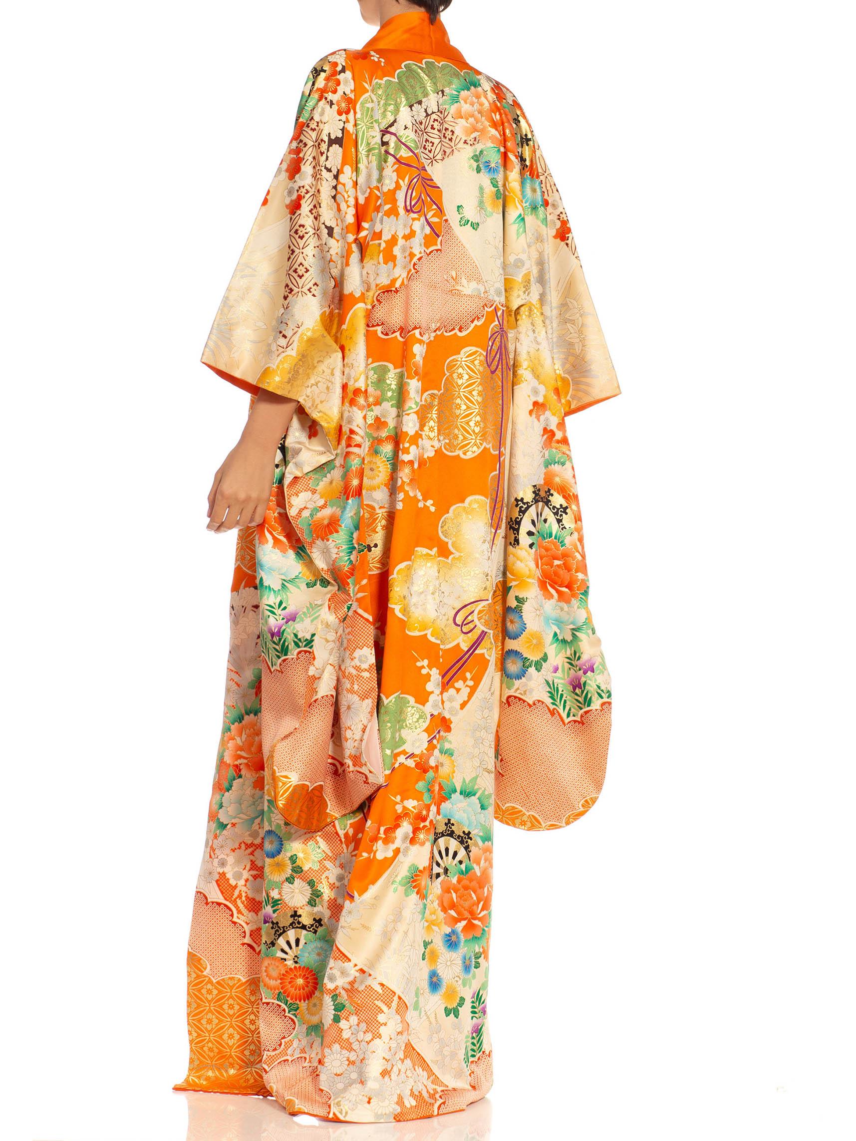 Orange, Green & Metallic Gold Floral Silk Kimono For Sale 3