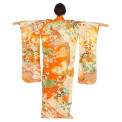 Orange, Green & Metallic Gold Floral Silk Kimono