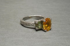 Orange and Green Sapphire Three-Stone Ring