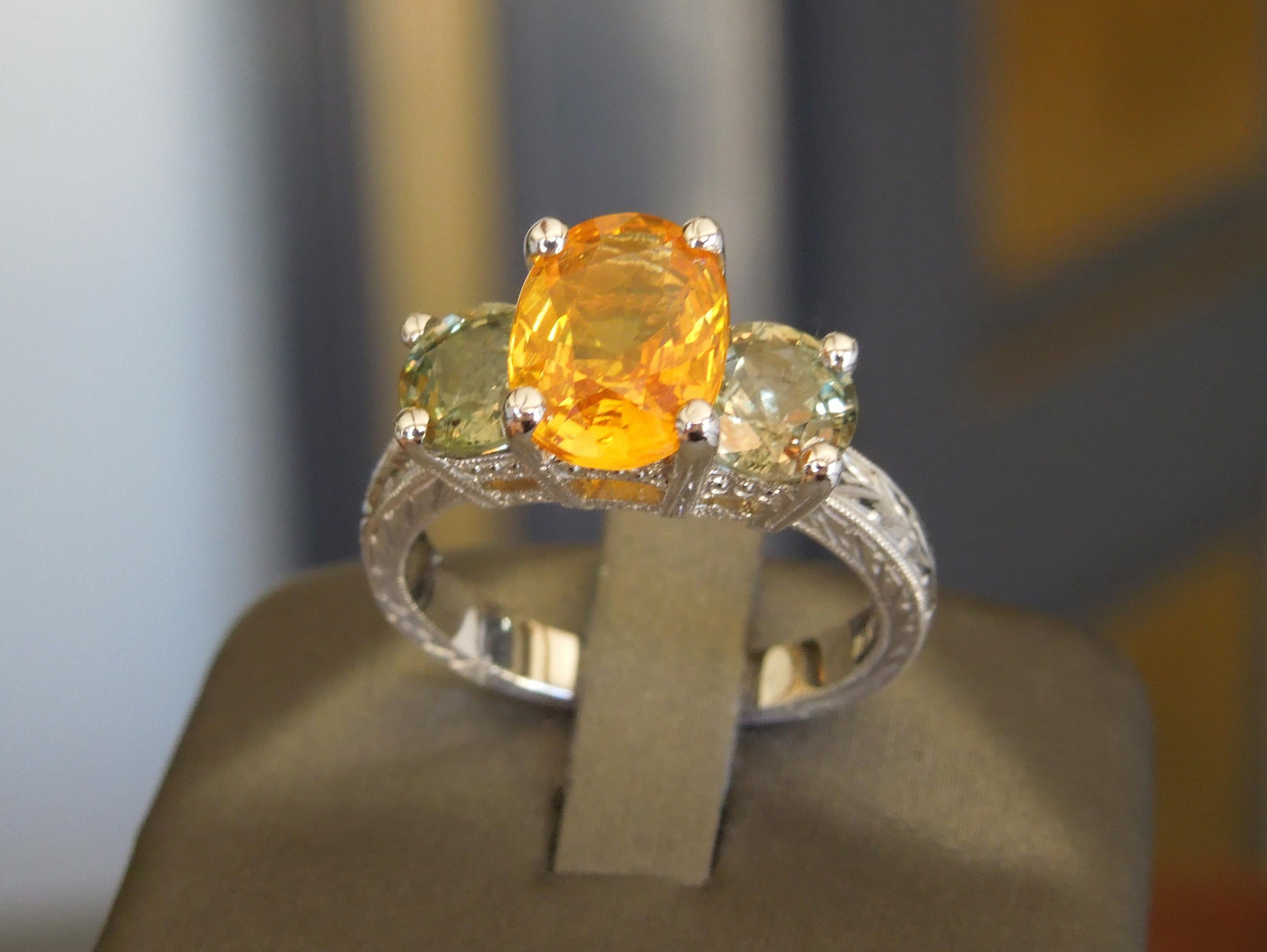 Oval Cut Orange and Green Sapphire Three-Stone Ring For Sale