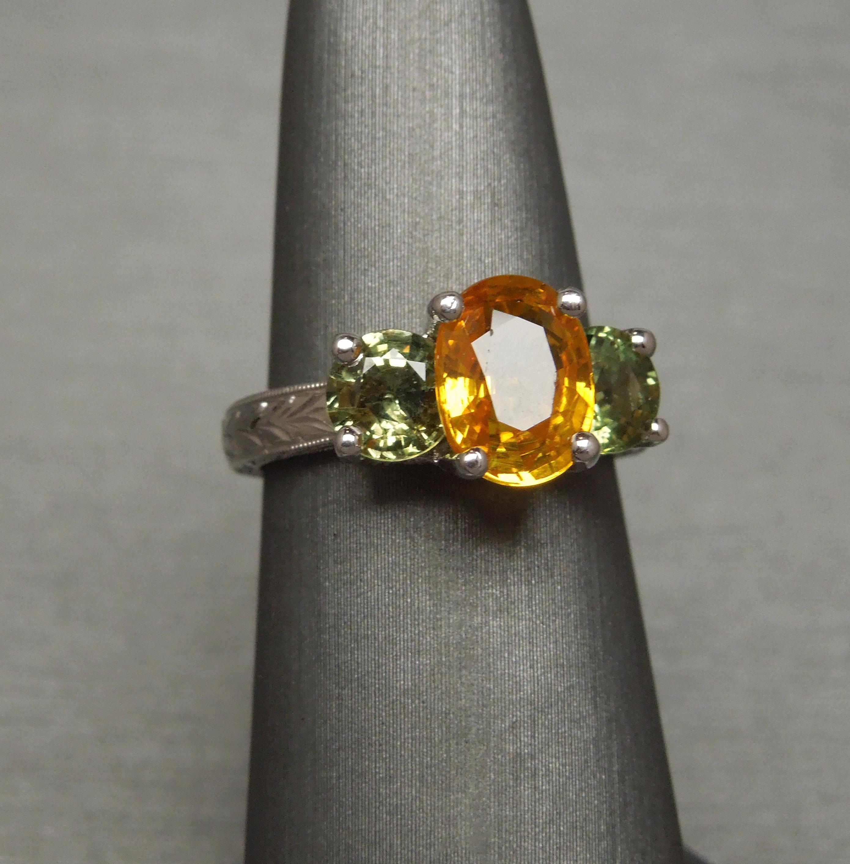 Women's Orange and Green Sapphire Three-Stone Ring For Sale