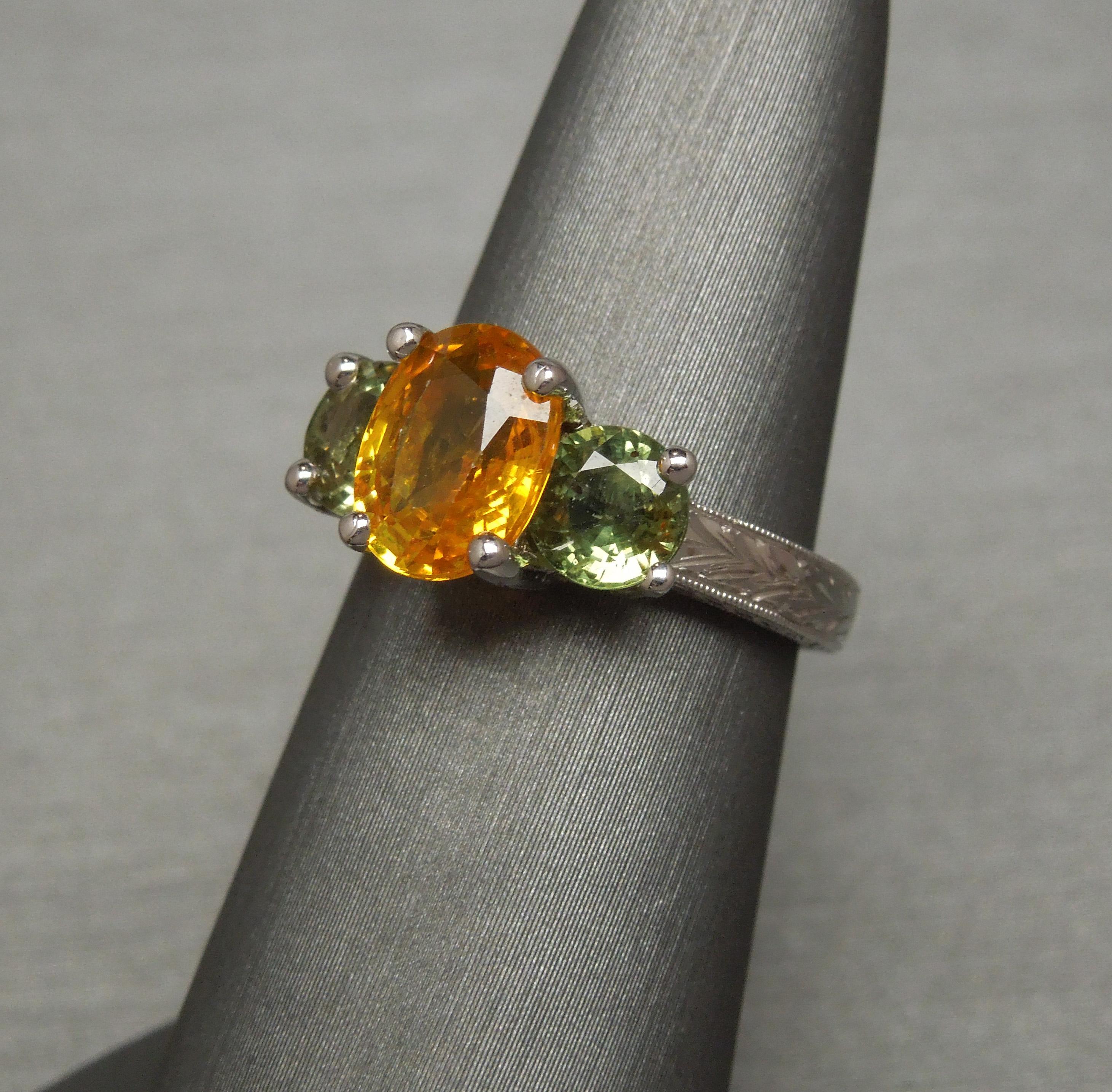 Orange and Green Sapphire Three-Stone Ring For Sale 1