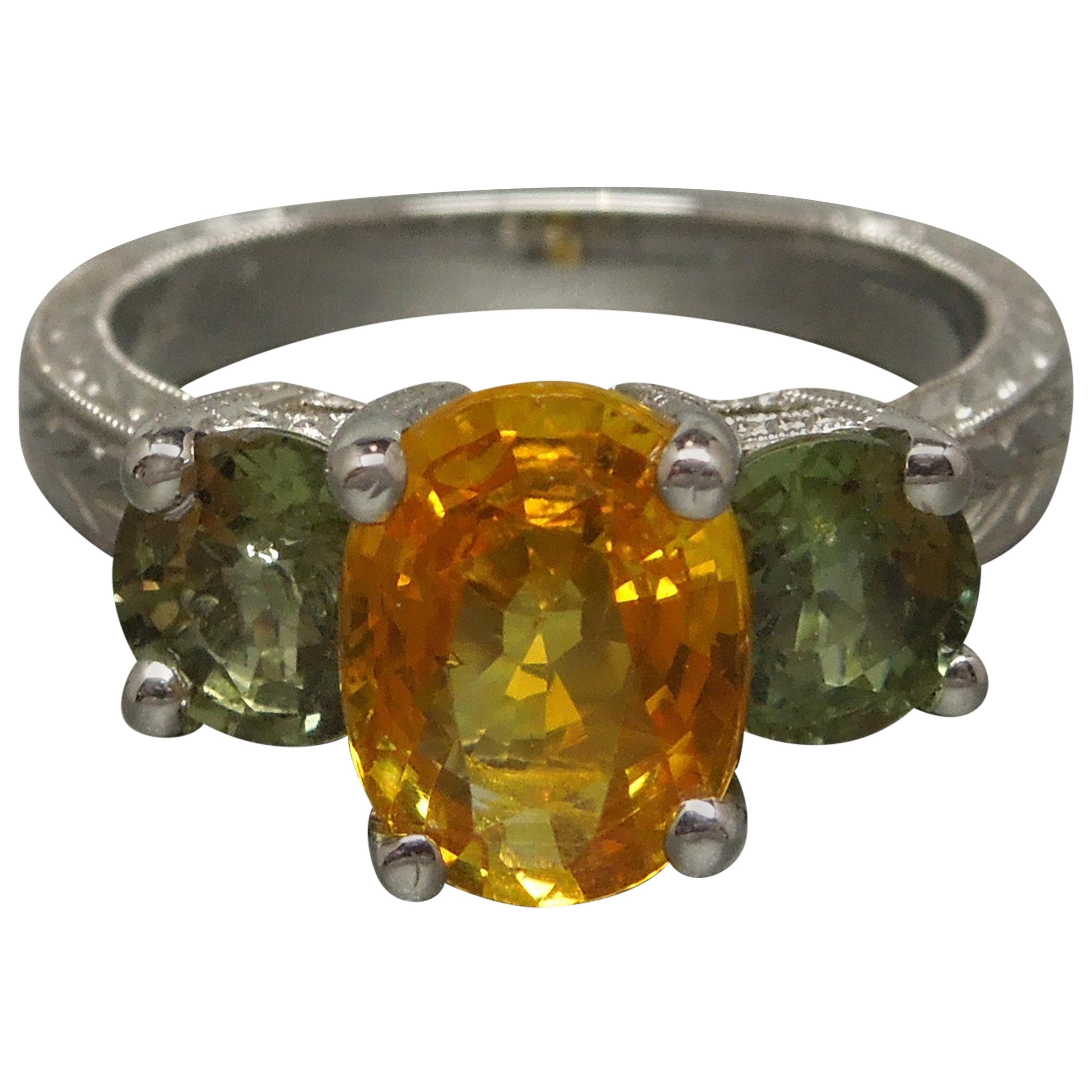 Orange and Green Sapphire Three-Stone Ring For Sale