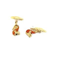 Orange Guilloche Enamel Fish Cufflinks in Yellow Gold