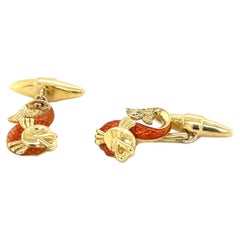 Orange Guilloche Enamel Fish Cufflinks in Yellow Gold