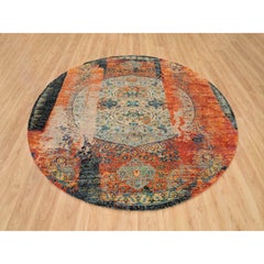 Orange Hand Knotted All Wool Ancient Ottoman Erased Design Round Rug 8'1" x 8'1"