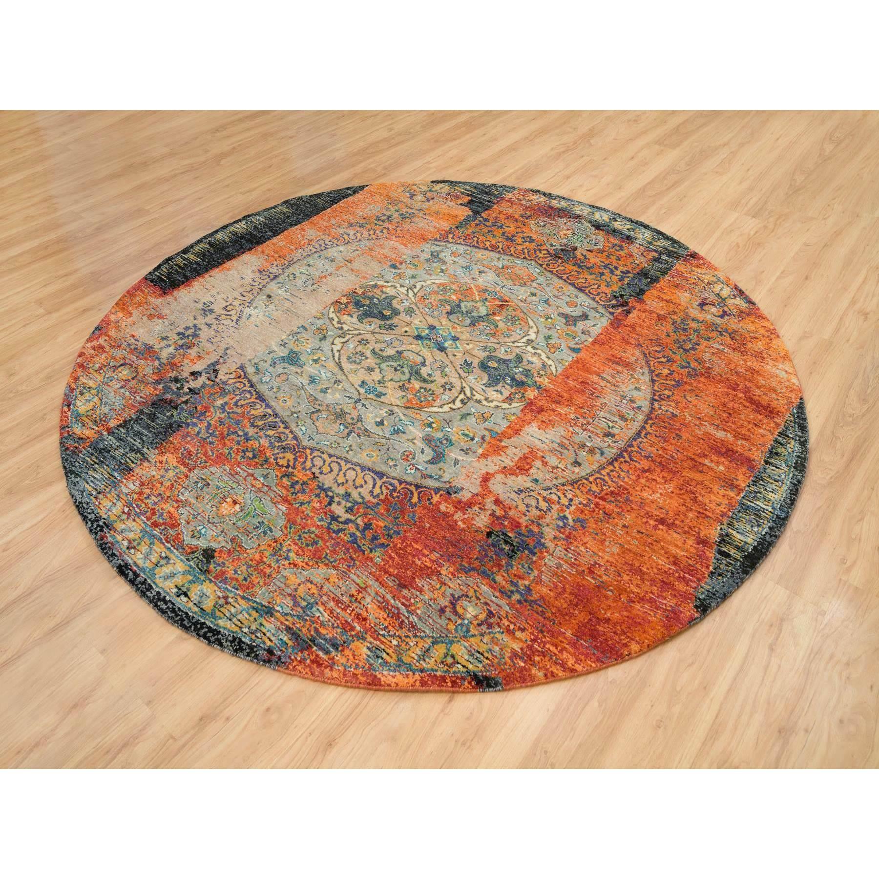 Médiéval Tapis rond orange, noué à la main, ancien ottoman effacé design arrondi 8'1