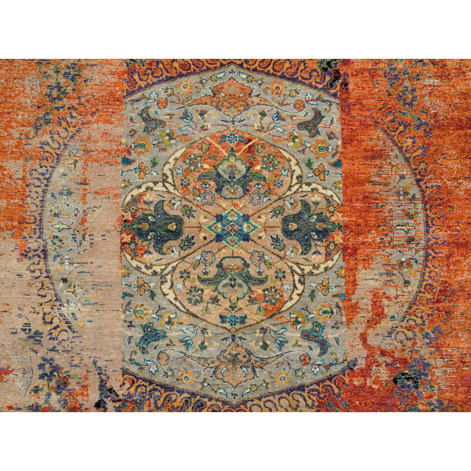 Laine Tapis rond orange, noué à la main, ancien ottoman effacé design arrondi 8'1