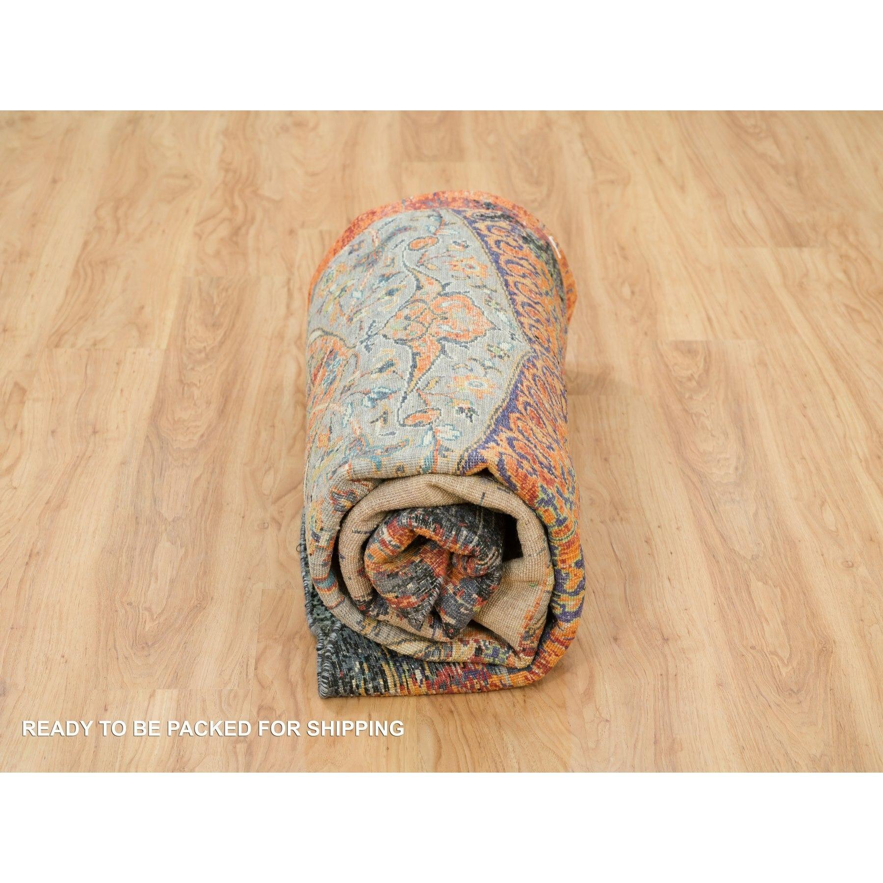 Tapis rond orange, noué à la main, ancien ottoman effacé design arrondi 8'1