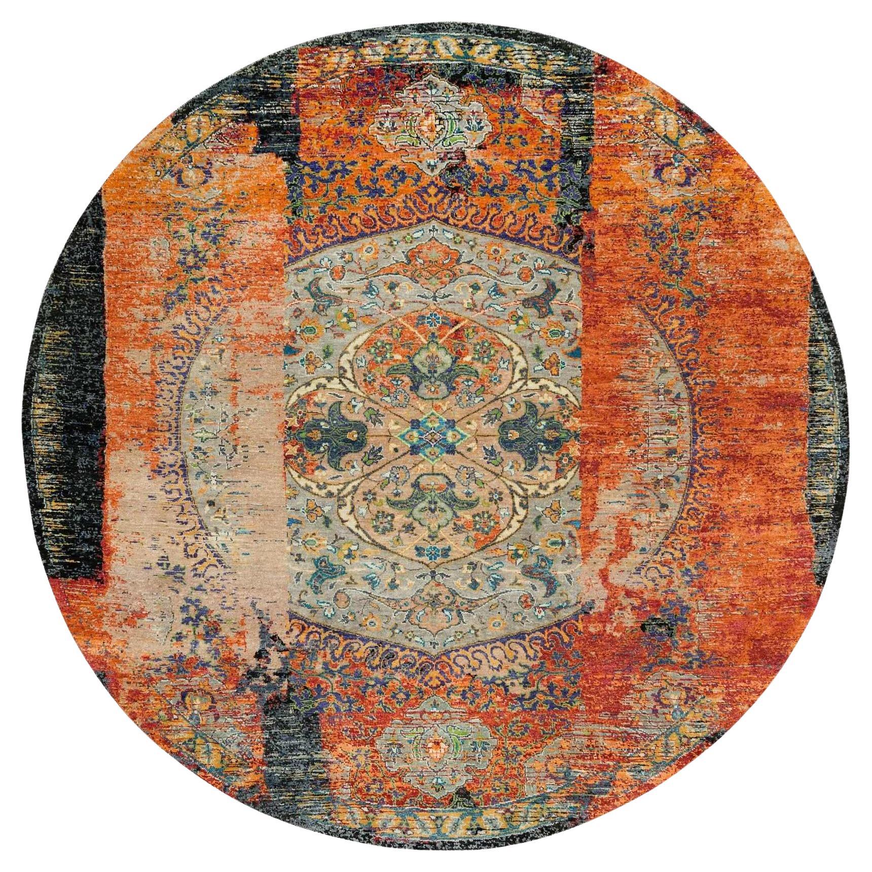 Tapis rond orange, noué à la main, ancien ottoman effacé design arrondi 8'1" x 8'1" en vente