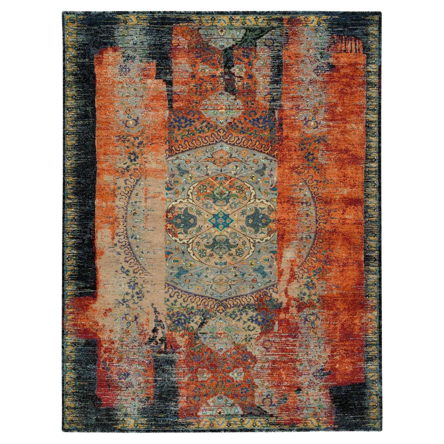 Orange Hand Knotted Ancient Ottoman Erased Design Ghazni Wool Rug 9'2" x 12'0"