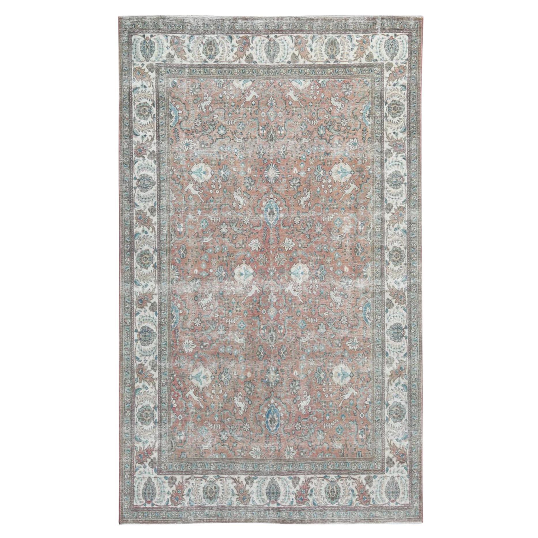 Hot Pink Vintage Persian Tabriz Cropped Thin Pile Hand Knotted Natural ...