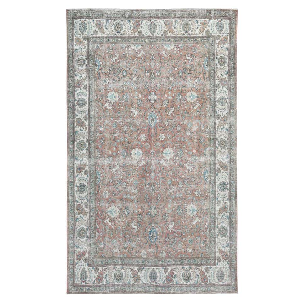 Hot Pink Vintage Persian Tabriz Cropped Thin Pile Hand Knotted Natural ...