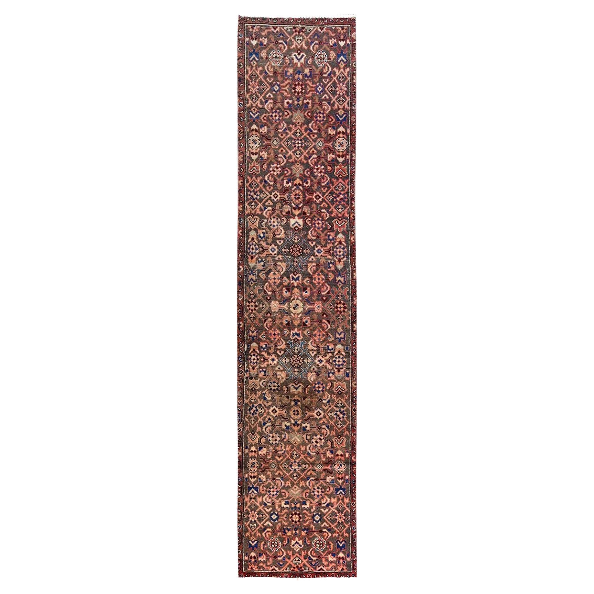 Orange Hand Knotted Old Persian Hussainabad Rustic Pure Wool Clean Runner Rug