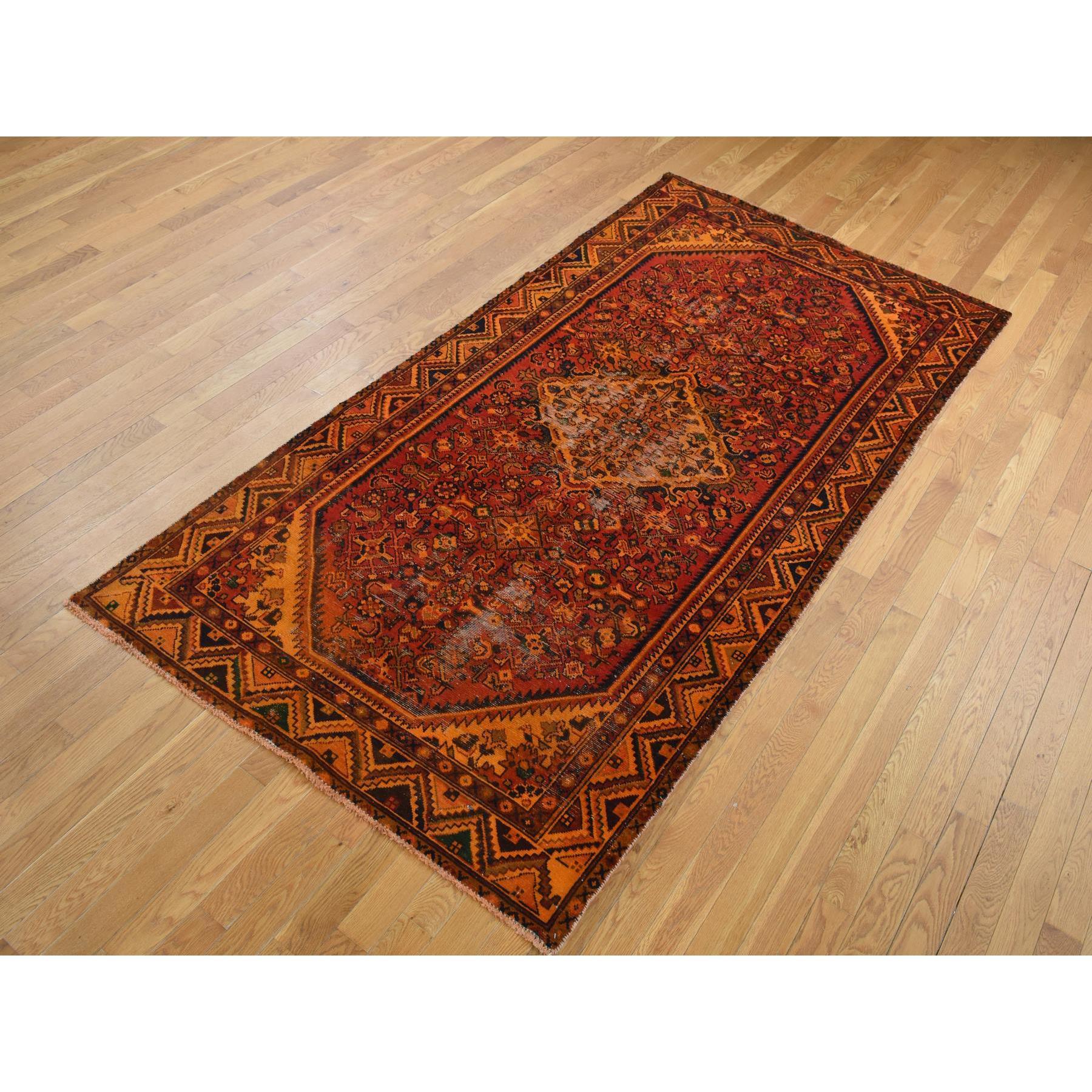 Medieval Orange Hand Knotted Worn Vintage Overdyed Persian Hamadan Pure Wool Runner Rug For Sale