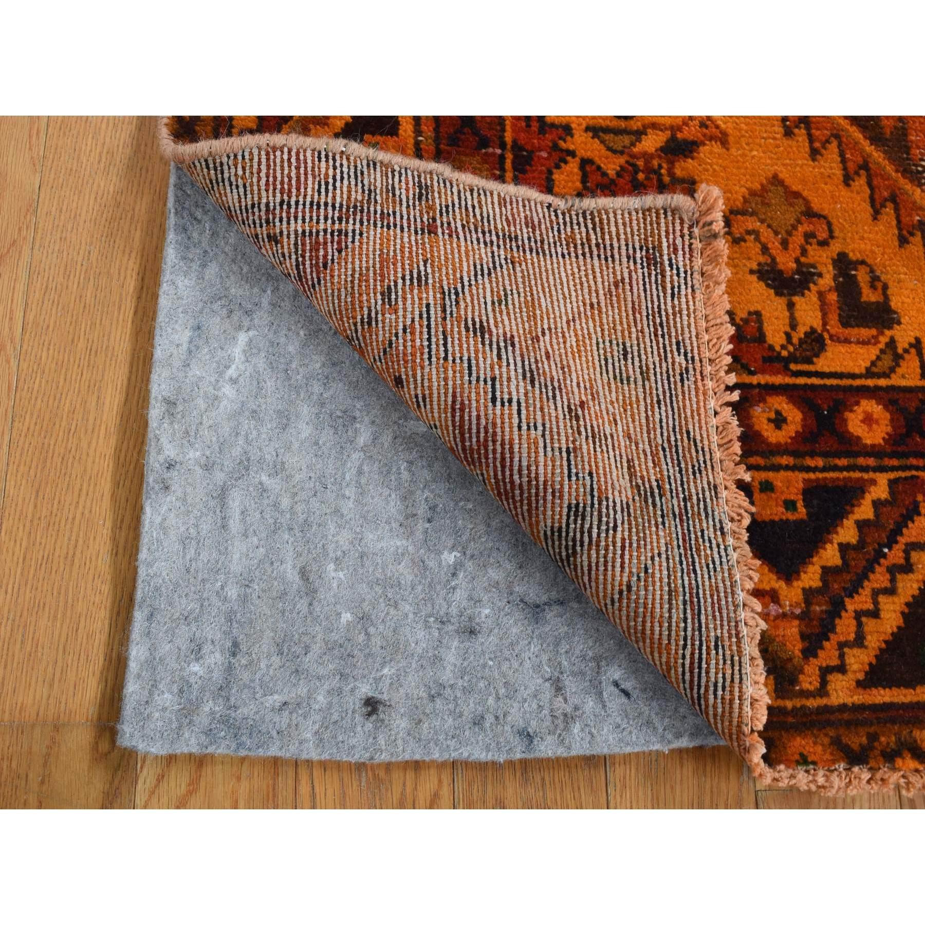 Hand-Knotted Orange Hand Knotted Worn Vintage Overdyed Persian Hamadan Pure Wool Runner Rug For Sale