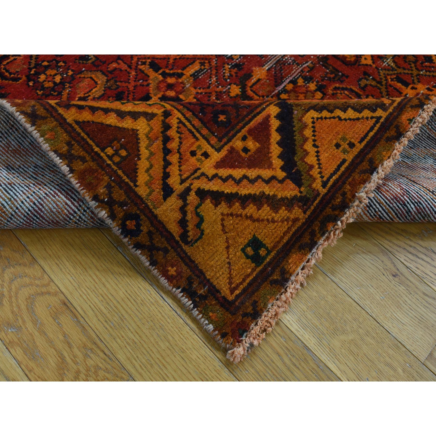 Orange Hand Knotted Worn Vintage Overdyed Persian Hamadan Pure Wool Runner Rug In Good Condition For Sale In Carlstadt, NJ