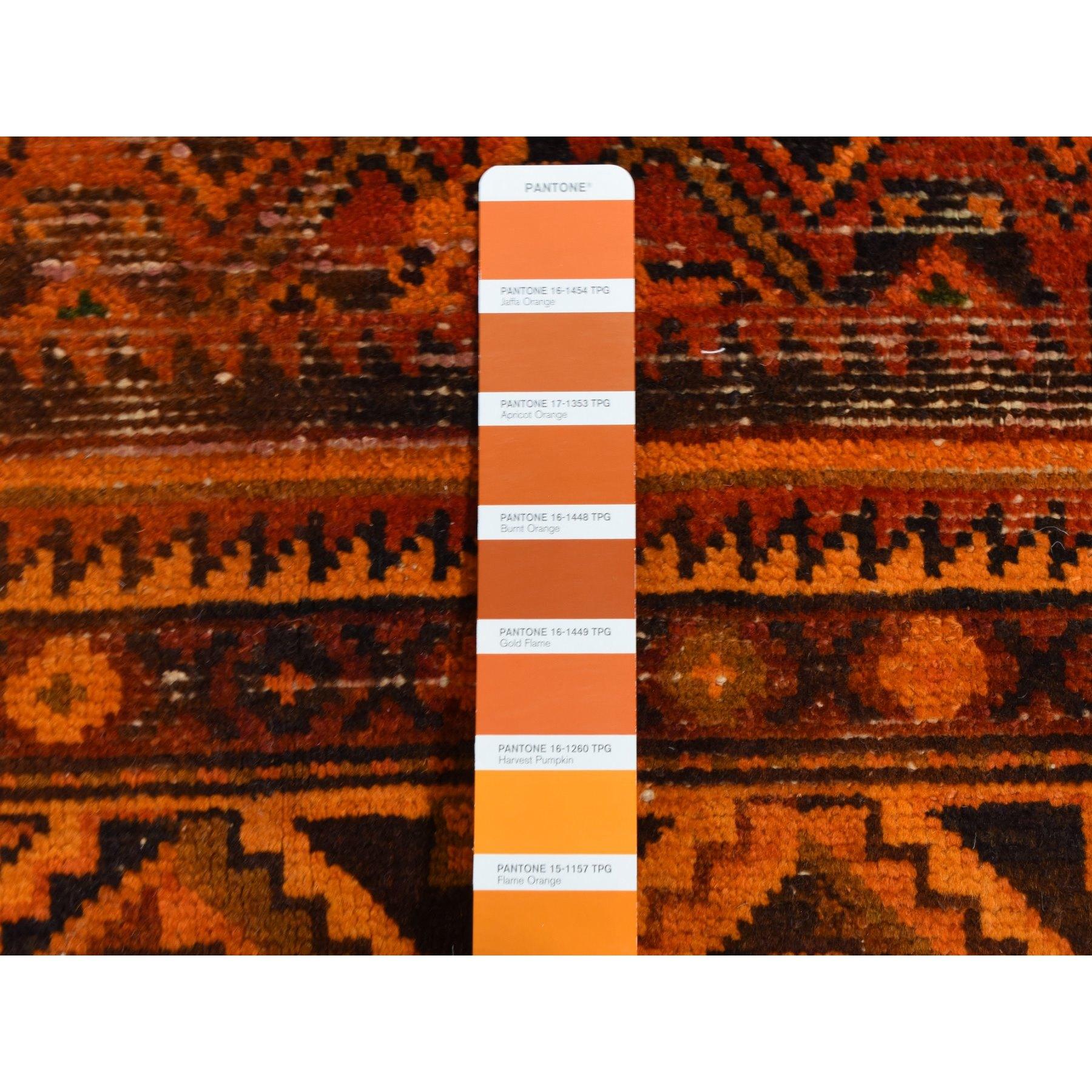Orange Hand Knotted Worn Vintage Overdyed Persian Hamadan Pure Wool Runner Rug For Sale 1