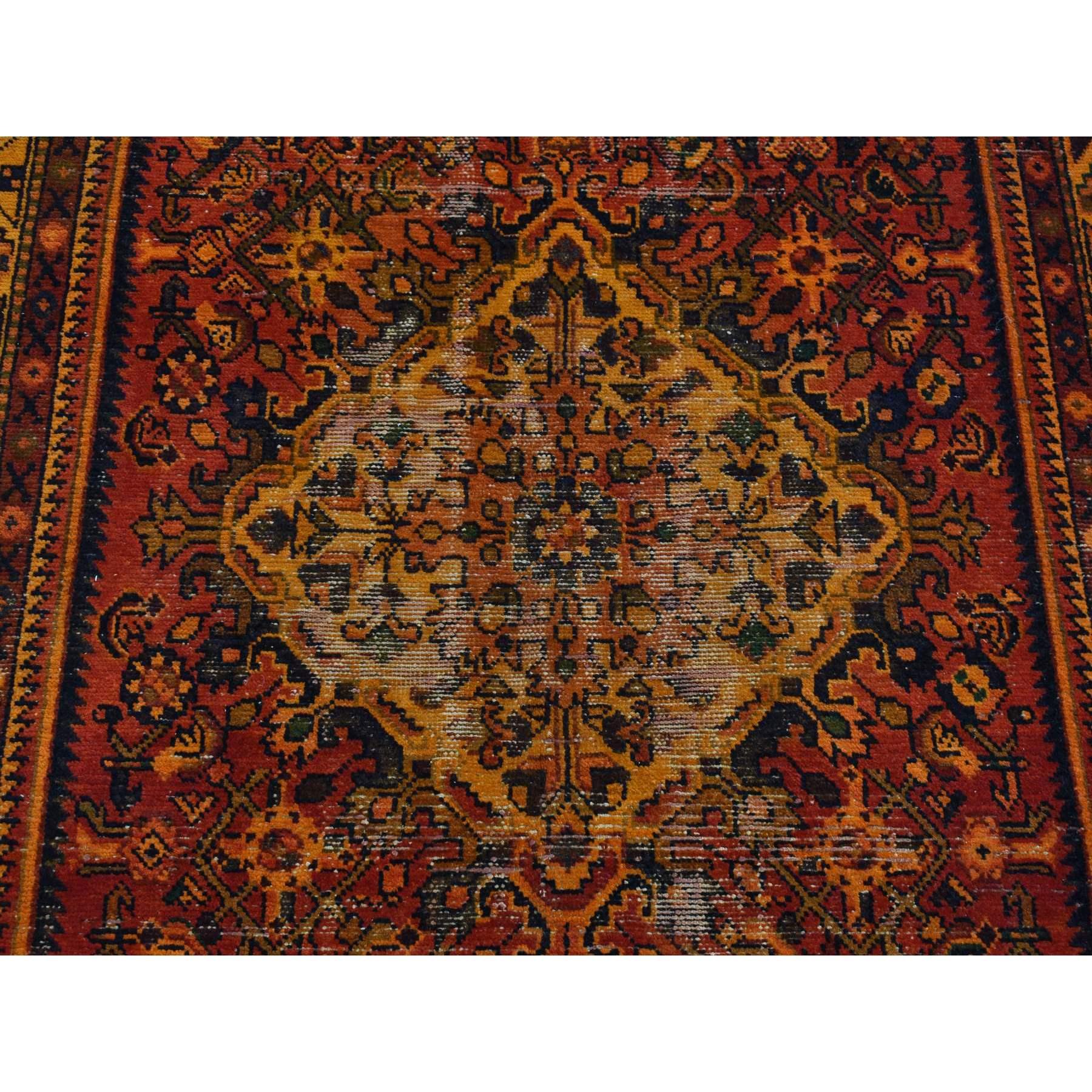 Orange Hand Knotted Worn Vintage Overdyed Persian Hamadan Pure Wool Runner Rug For Sale 2