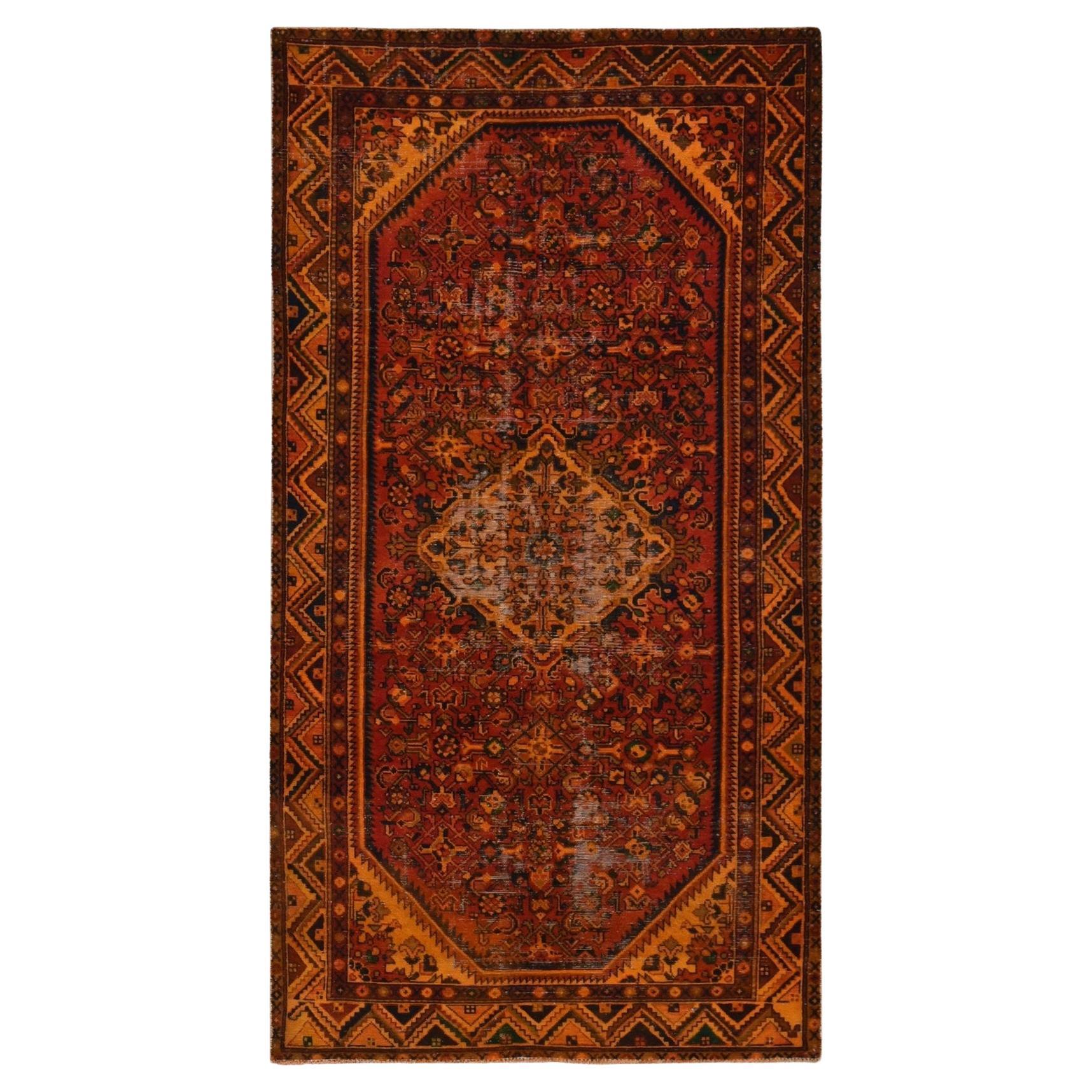 Orange Hand Knotted Worn Vintage Overdyed Persian Hamadan Pure Wool Runner Rug