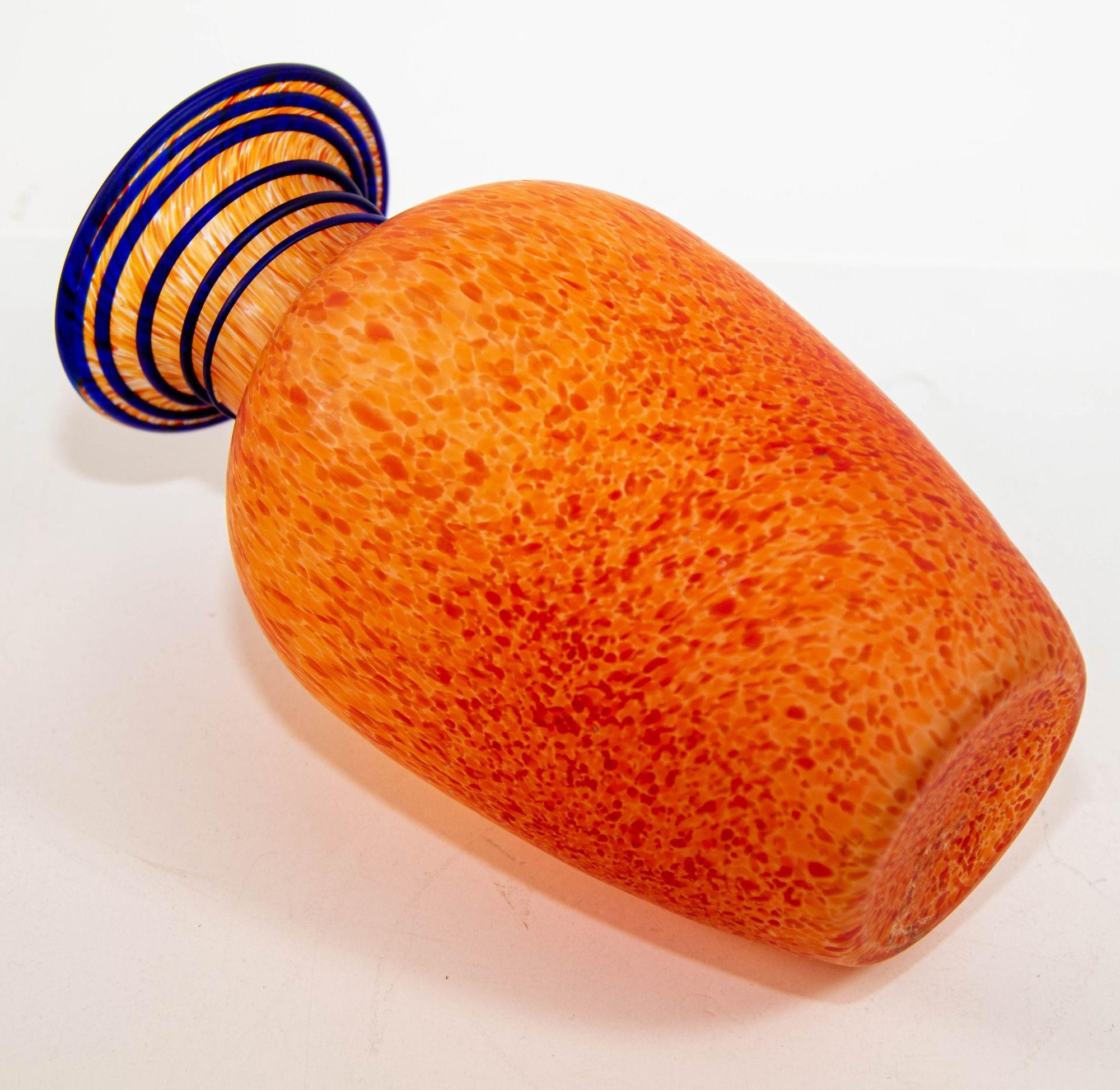 Hand-Crafted Orange Italian Blown Art Glass Murano Vase Frosted Glass For Sale
