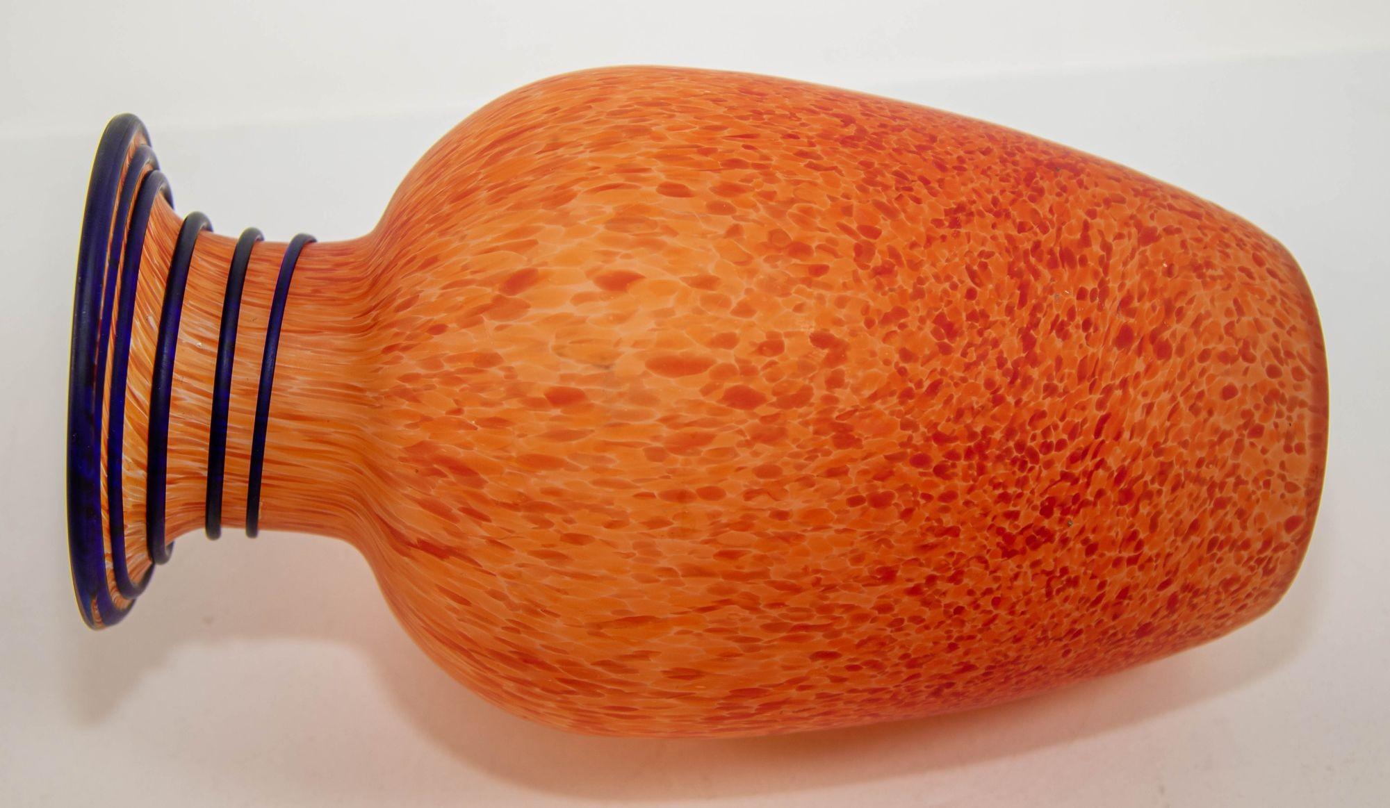 Orange Italian Blown Art Glass Murano Vase Frosted Glass For Sale 1