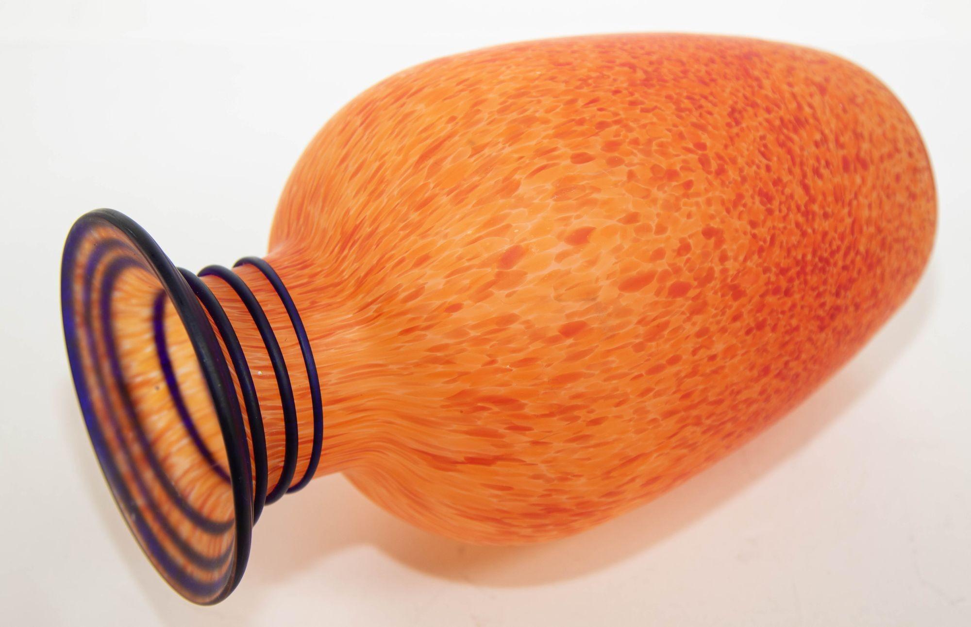 Orange Italian Blown Art Glass Murano Vase Frosted Glass For Sale 4