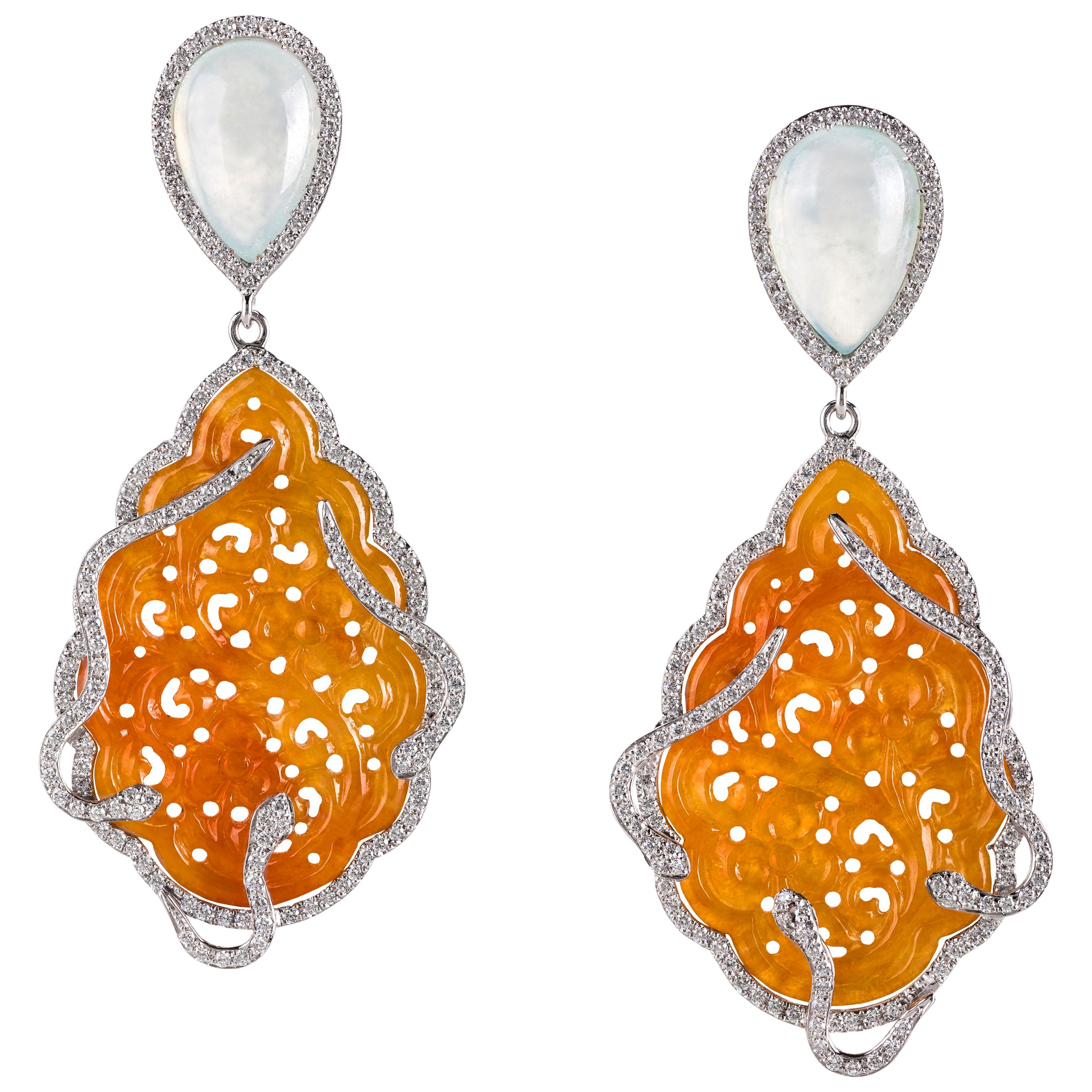 Orange Carved Jade and Diamond Drop Earrings in White Gold