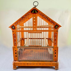Orange Japanned Metal Bird Cage, Hand-Painted, Circa 1900-1920