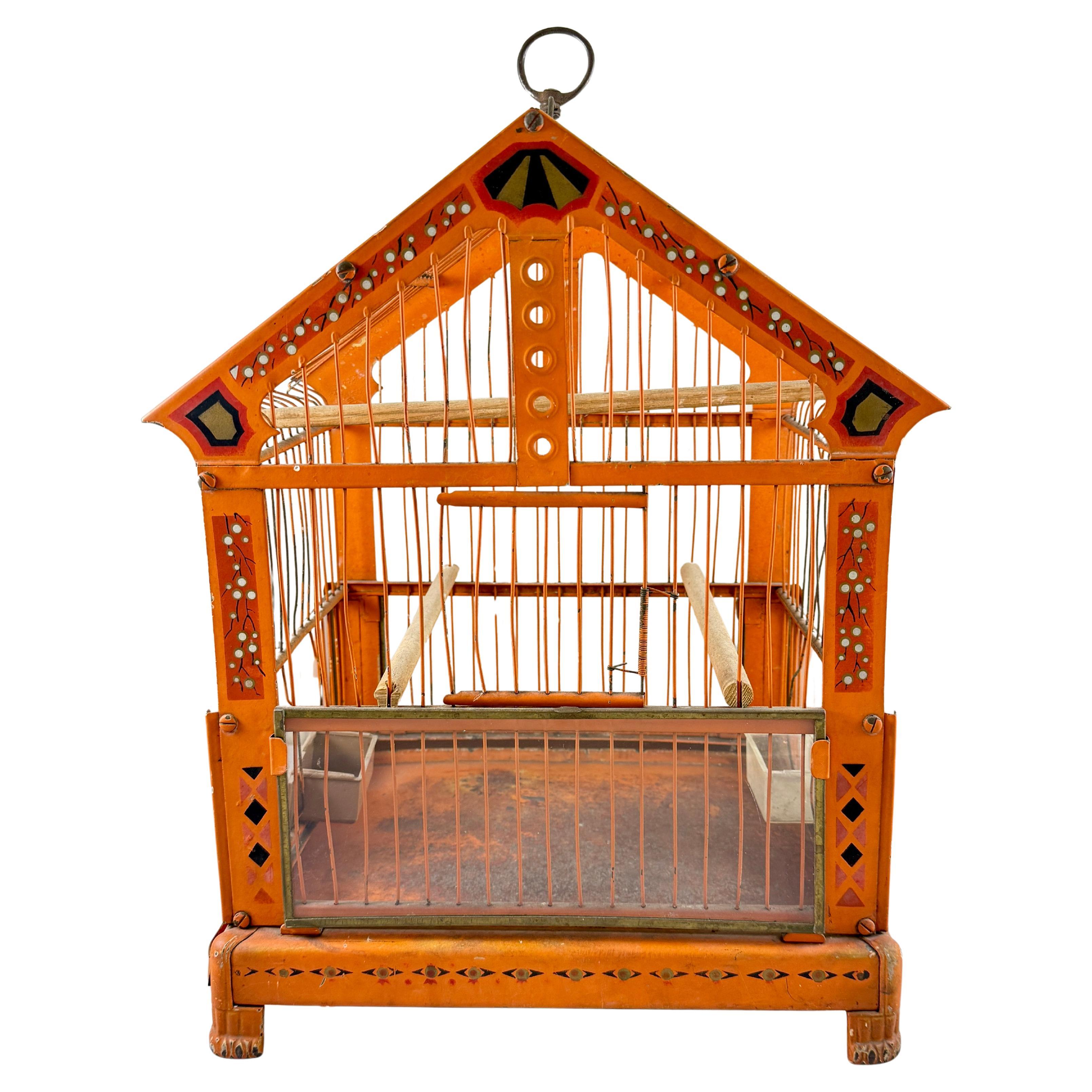 Orange Japanned Metal Bird Cage, Hand-Painted, Circa 1900-1920 For Sale